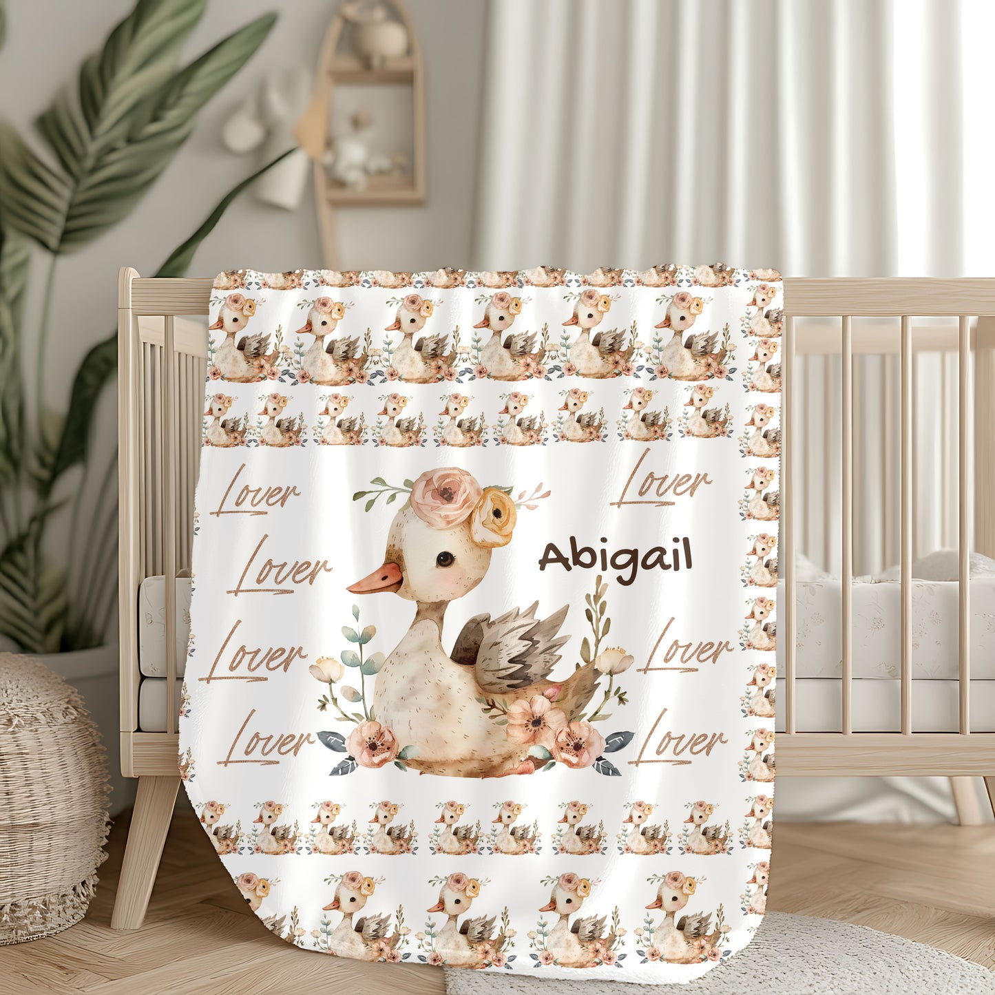 Personalized Velveteen Plush Blanket with Floral Duck Design | Cozy Gift for Baby Nursery, Birthday, Baby Shower, New Parents