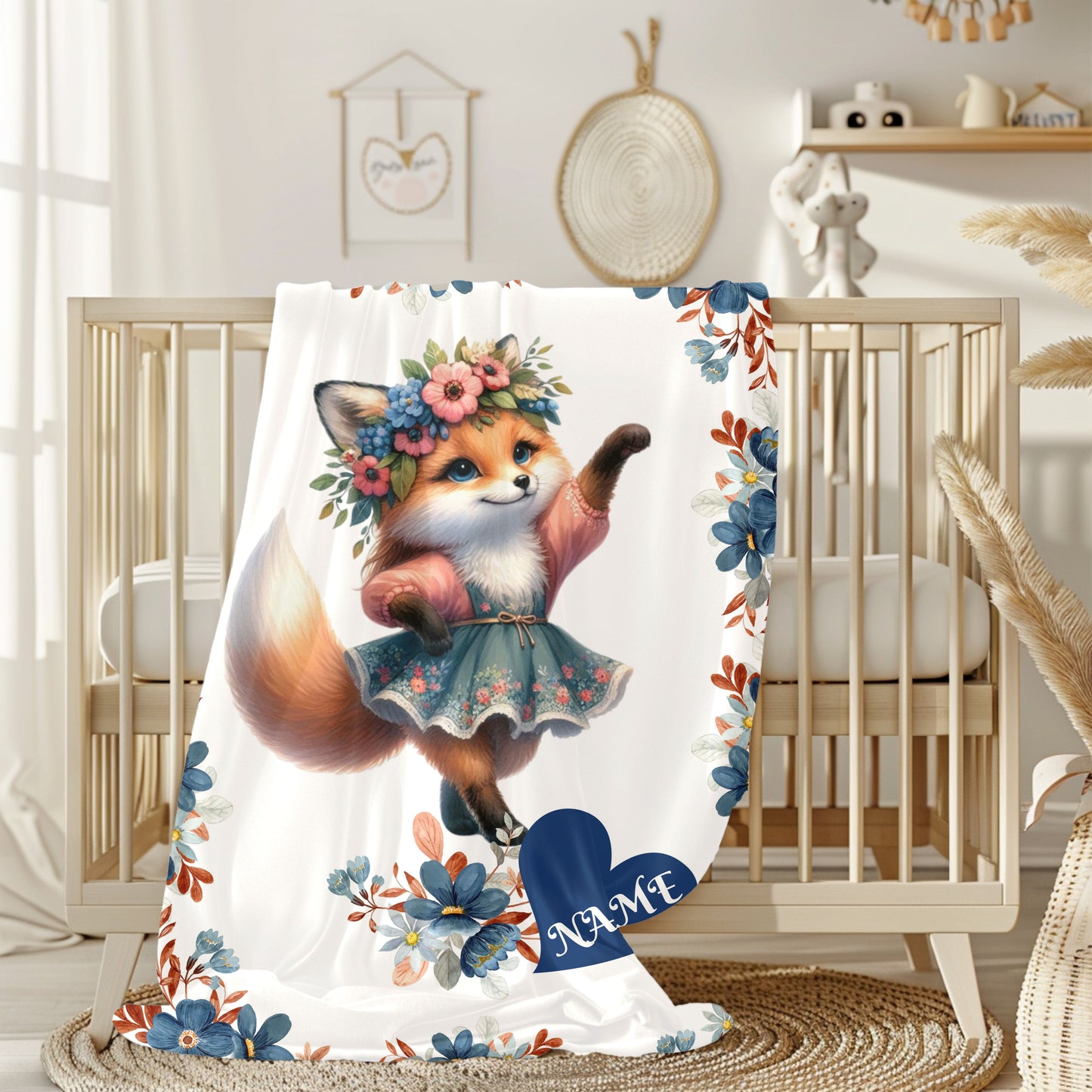 Floral Fox Plush Blanket, Custom Velveteen Blanket, Cozy Throw for Kids, Nursery Decor, Perfect Gift for Birthdays, Baby Showers
