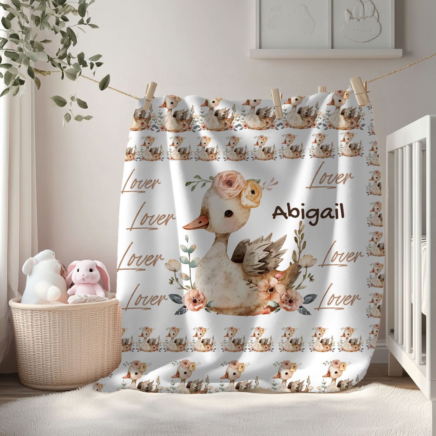 Personalized Velveteen Plush Blanket with Floral Duck Design | Cozy Gift for Baby Nursery, Birthday, Baby Shower, New Parents