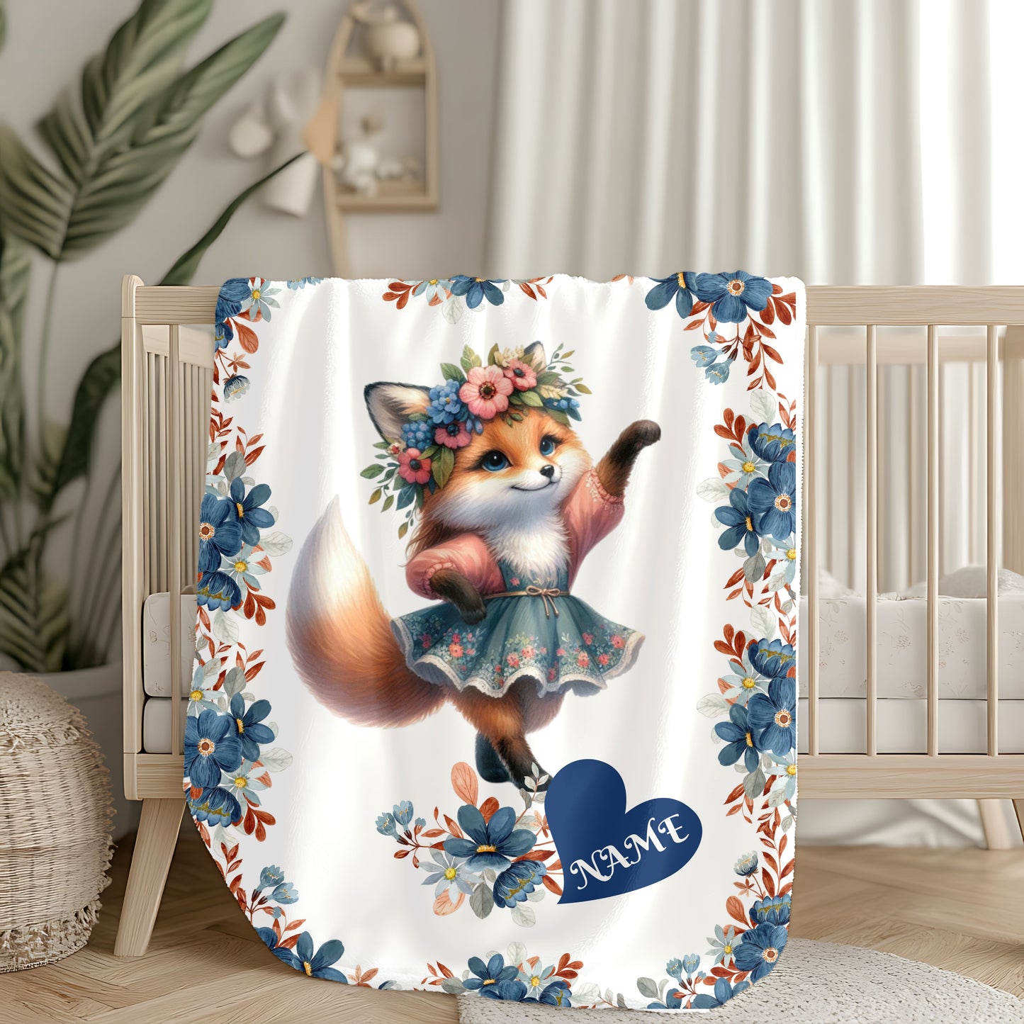 Floral Fox Plush Blanket, Custom Velveteen Blanket, Cozy Throw for Kids, Nursery Decor, Perfect Gift for Birthdays, Baby Showers