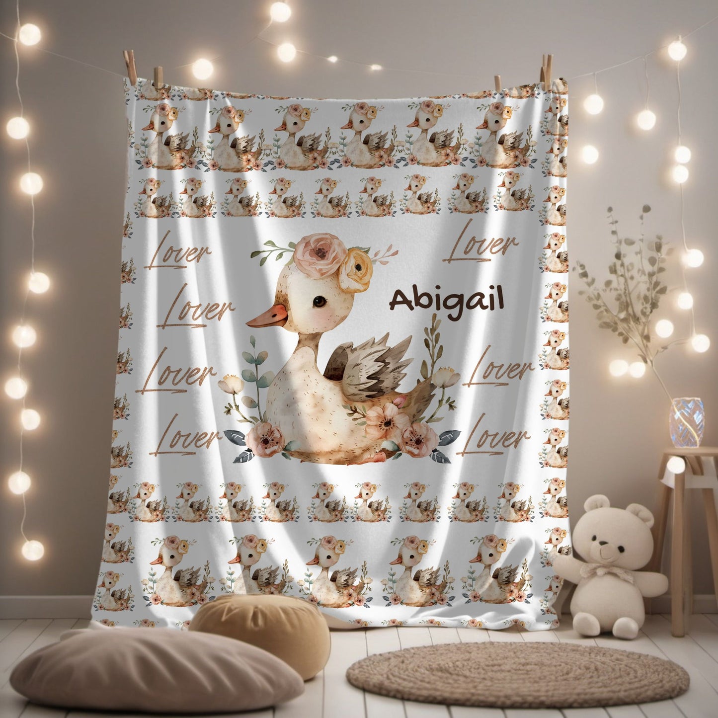 Personalized Velveteen Plush Blanket with Floral Duck Design | Cozy Gift for Baby Nursery, Birthday, Baby Shower, New Parents