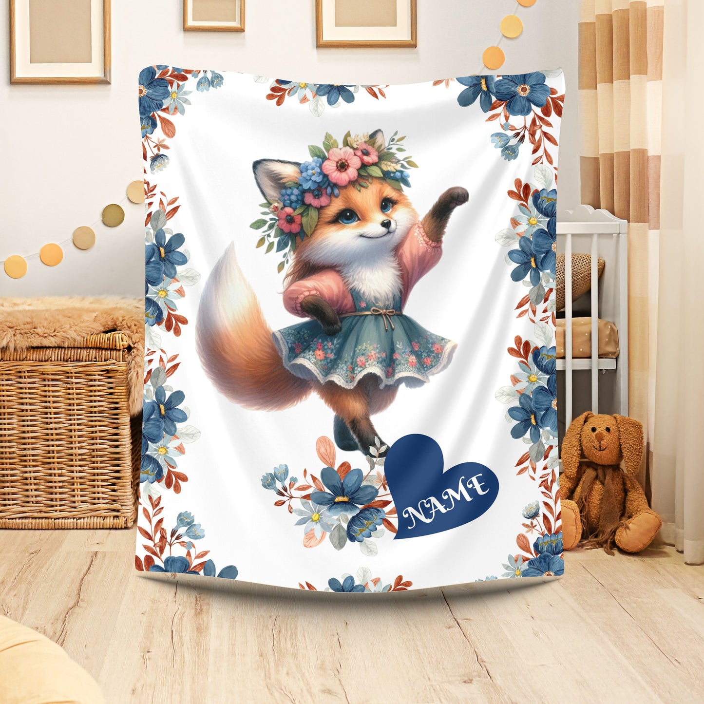 Floral Fox Plush Blanket, Custom Velveteen Blanket, Cozy Throw for Kids, Nursery Decor, Perfect Gift for Birthdays, Baby Showers