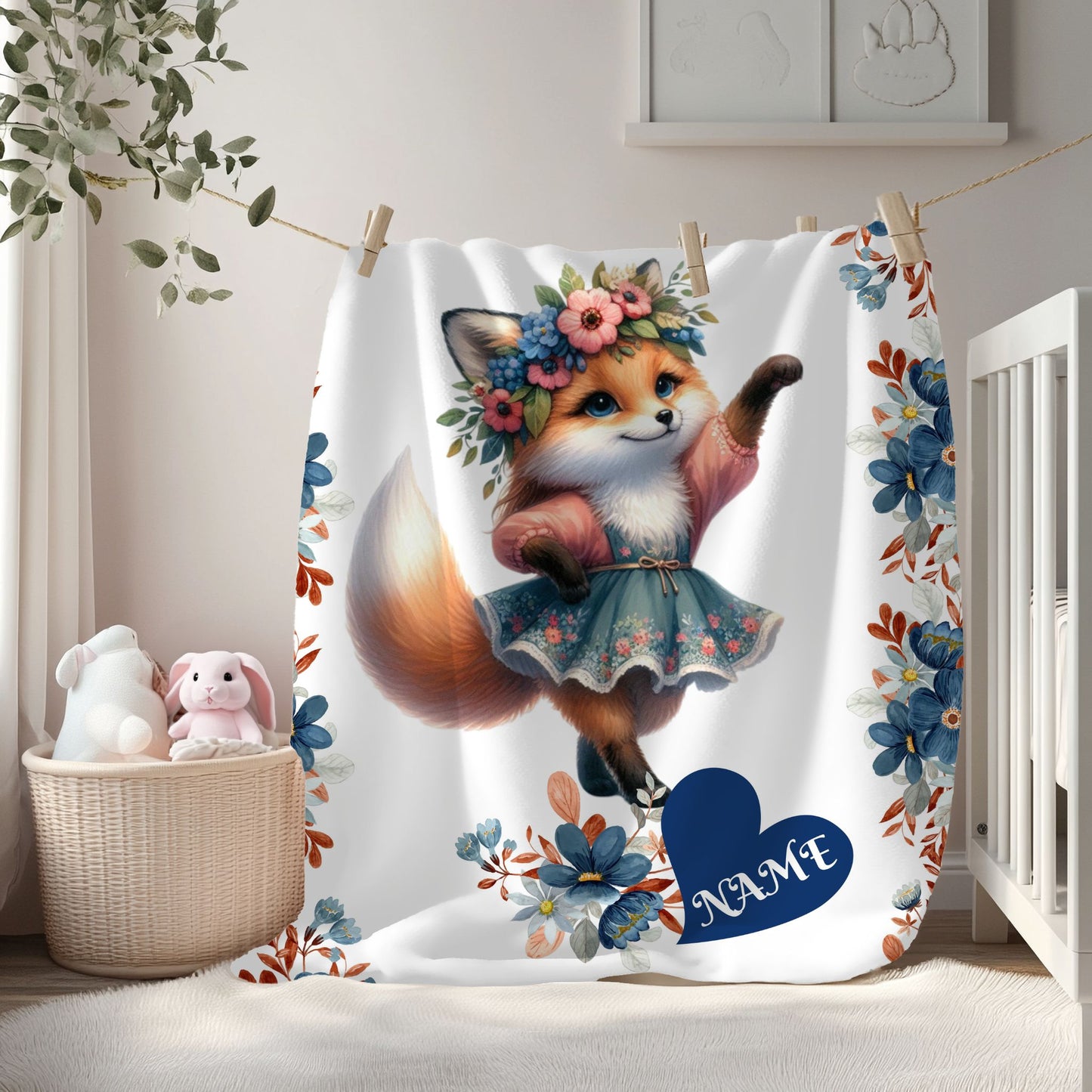 Floral Fox Plush Blanket, Custom Velveteen Blanket, Cozy Throw for Kids, Nursery Decor, Perfect Gift for Birthdays, Baby Showers