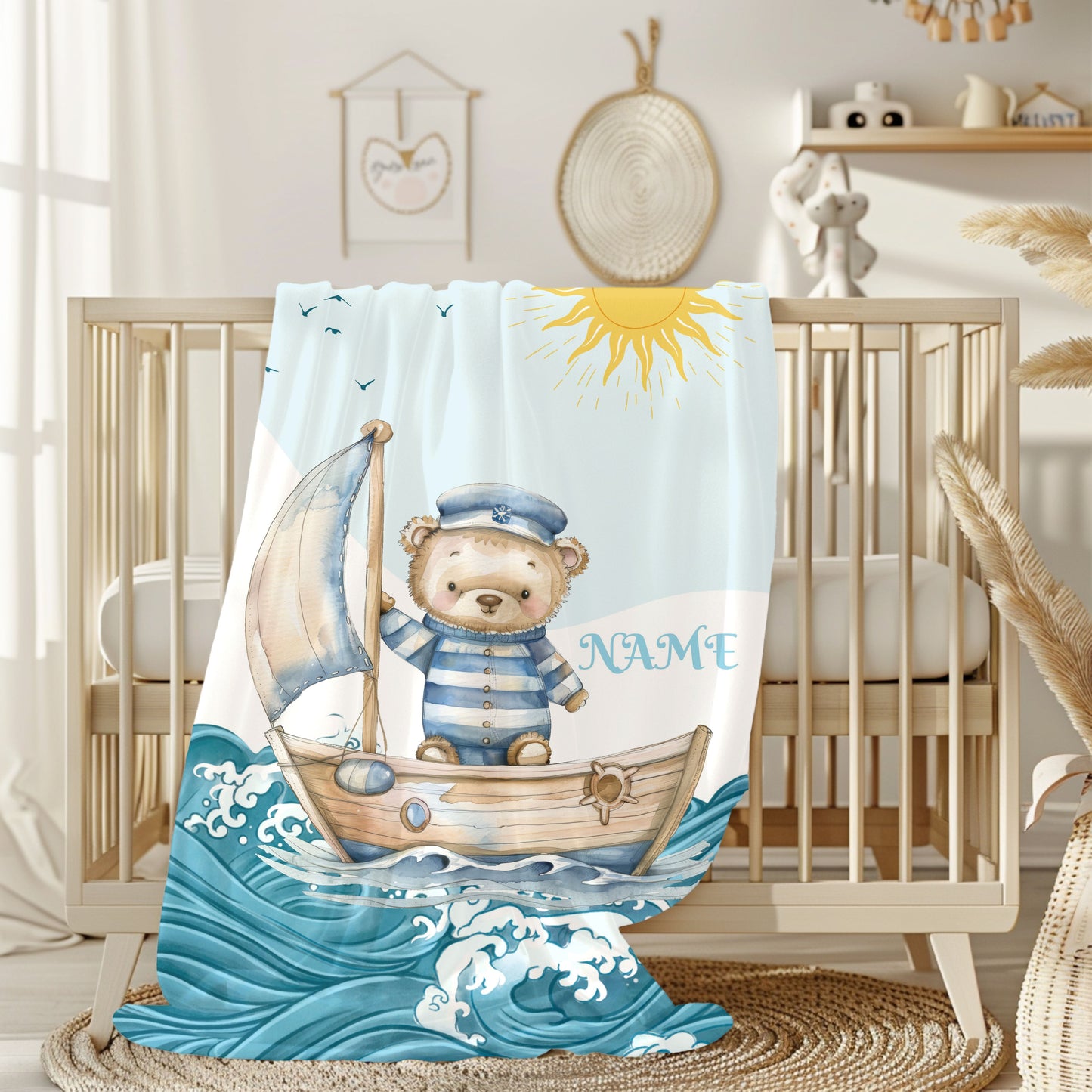 Nautical Bear Plush Blanket, Personalized Baby Blanket, Nursery Decor, Gift for New Parents, Cozy Blanket for Kids