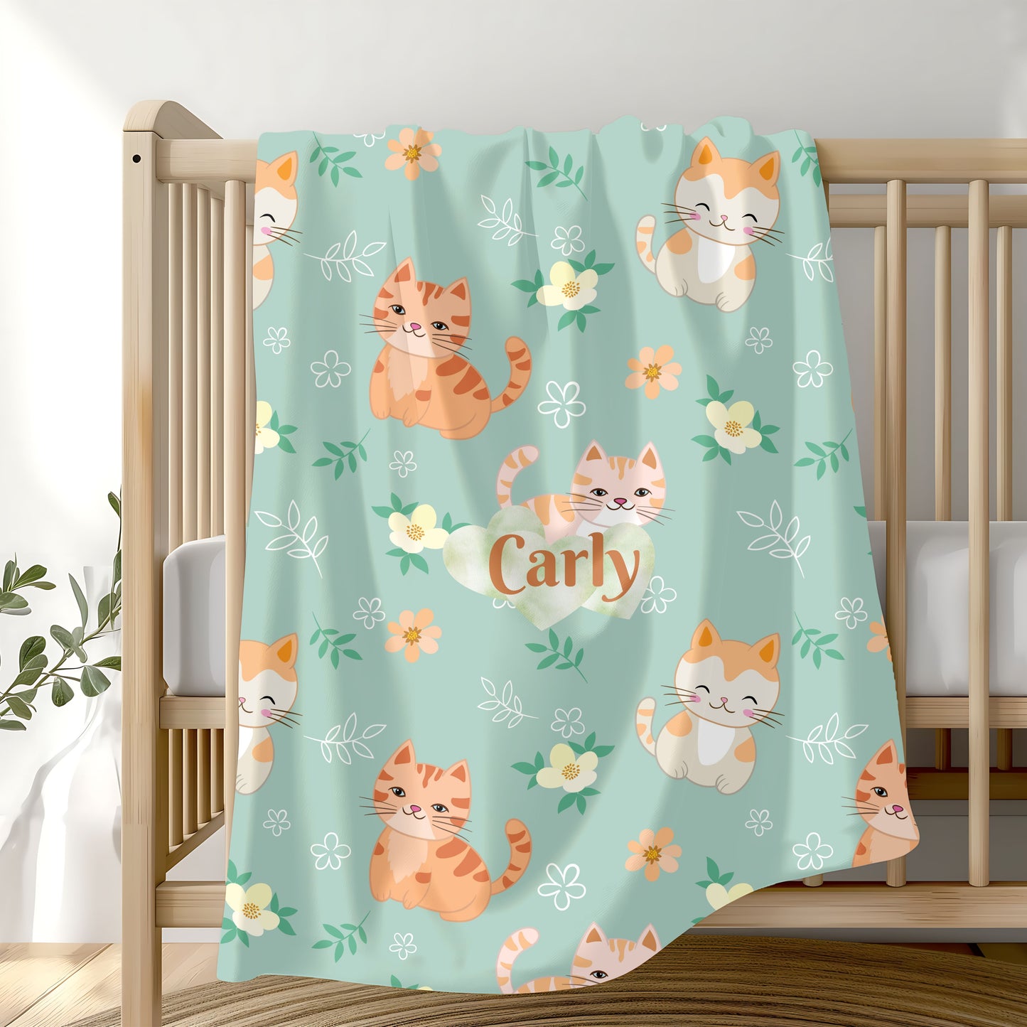Personalized Cat Plush Blanket, Cozy Throw for Cat Lovers, Gift for Kids, Custom Name Blanket, Cat Lover Home Decor, Cute Floral Blanket