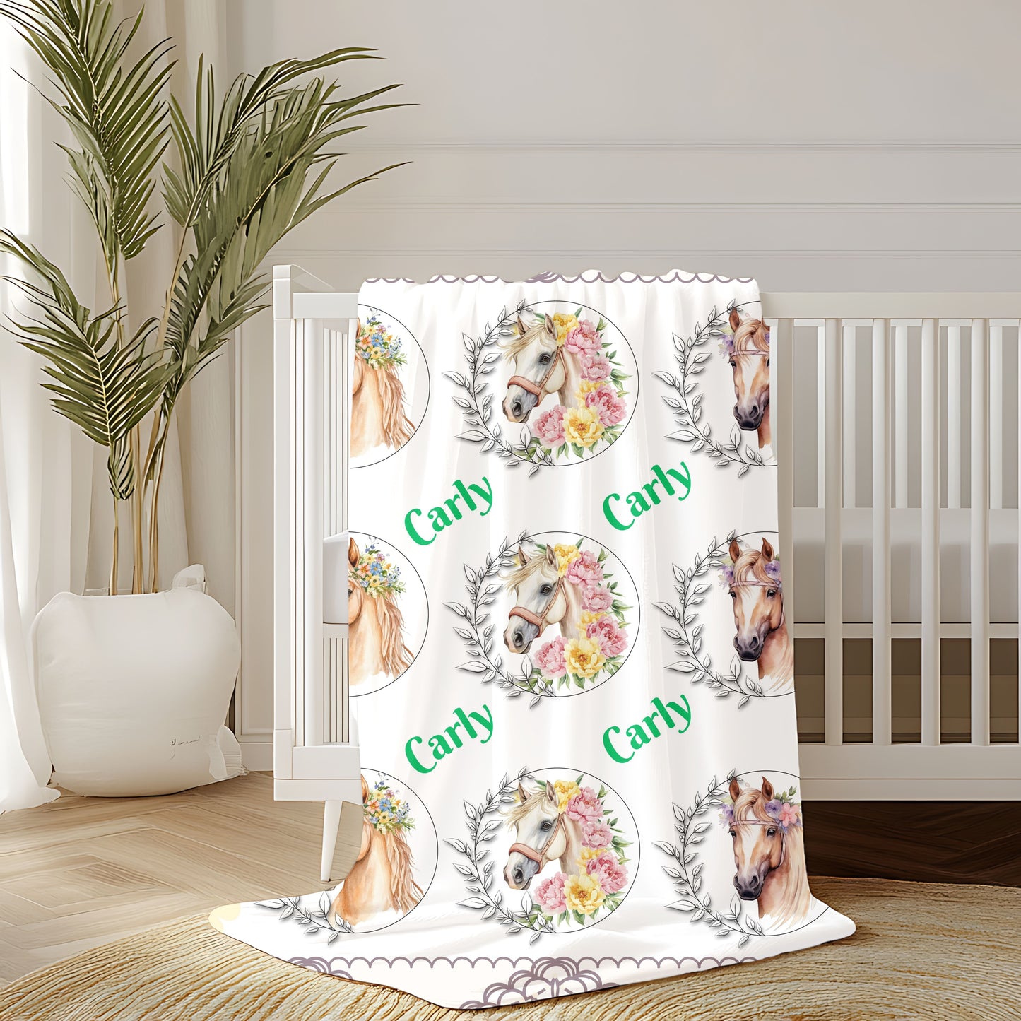 Personalized Horse Lover's Blanket, Velveteen Plush Blanket, Cozy Gift for Kids, Horse-Themed Decor, Unique Nursery Item