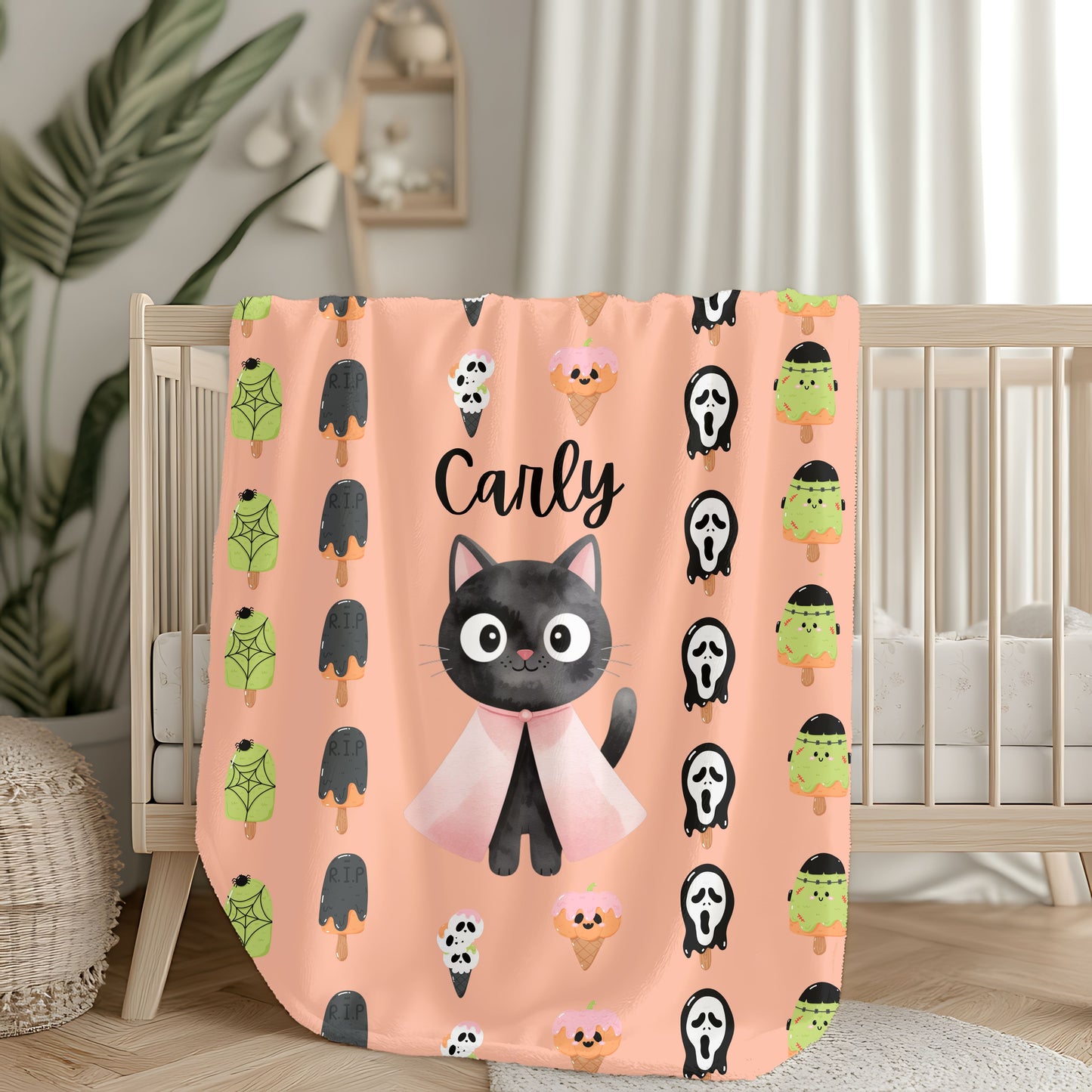 Adorable Personalized Cat Plush Blanket for Kids, Cozy Halloween Blanket, Cute Gift for Cat Lovers, Child's Room Decor, Fleece Throw
