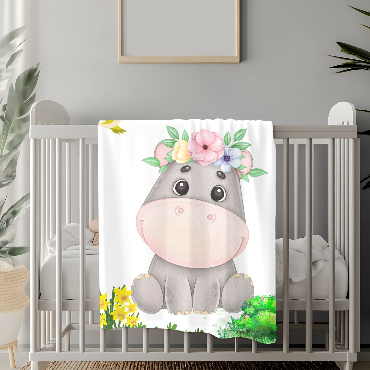 Cozy Velveteen Plush Blanket with Adorable Floral Hippo Design – Perfect for Baby Showers, Gifts, Home Decor, Nursery, Child's Room