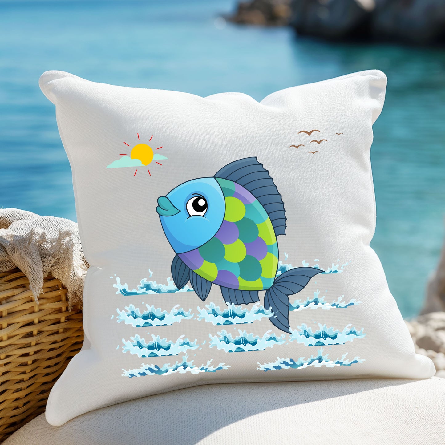 Fish with a sun and birds in the sky above water Spun Polyester Square Pillow