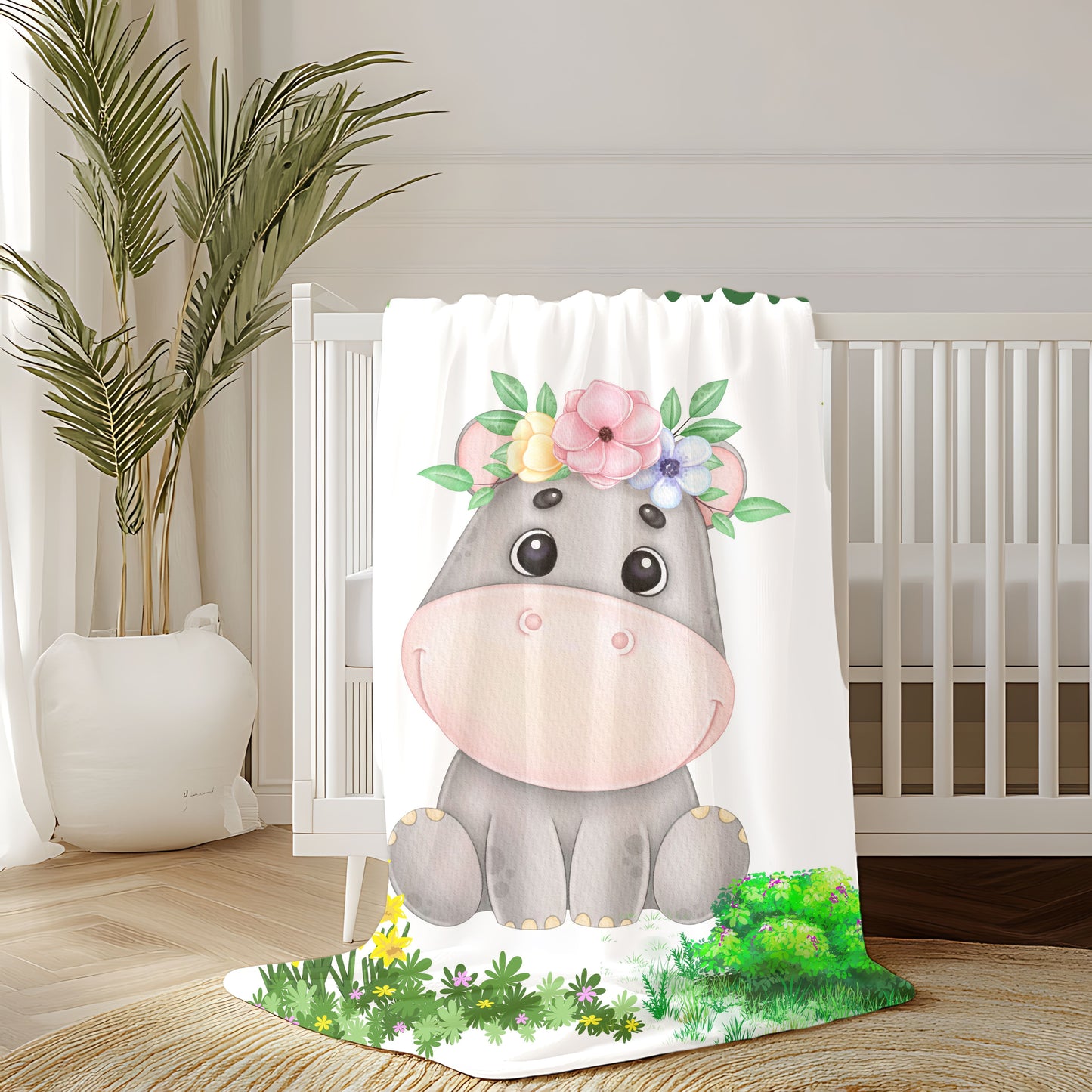 Cozy Velveteen Plush Blanket with Adorable Floral Hippo Design – Perfect for Baby Showers, Gifts, Home Decor, Nursery, Child's Room