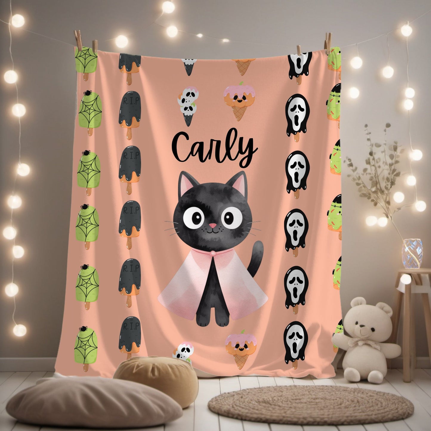 Adorable Personalized Cat Plush Blanket for Kids, Cozy Halloween Blanket, Cute Gift for Cat Lovers, Child's Room Decor, Fleece Throw