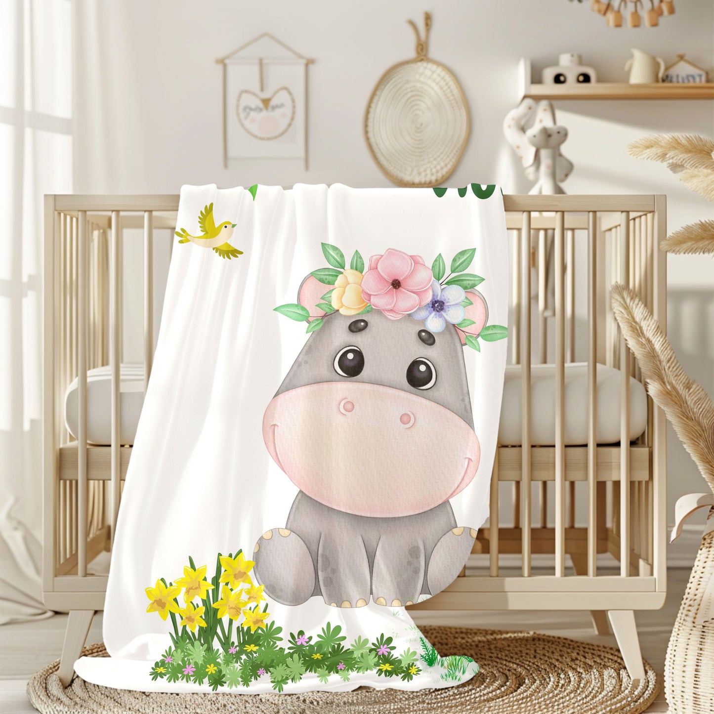 Cozy Velveteen Plush Blanket with Adorable Floral Hippo Design – Perfect for Baby Showers, Gifts, Home Decor, Nursery, Child's Room