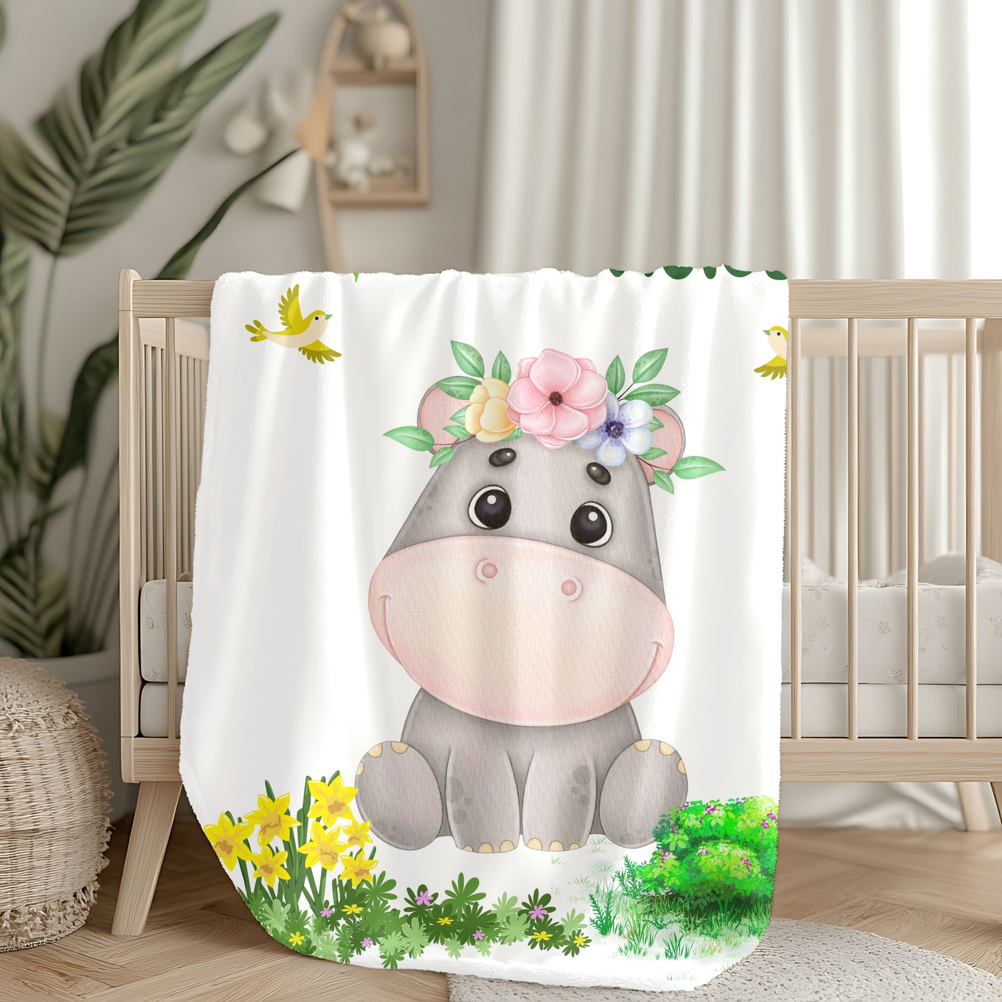 Cozy Velveteen Plush Blanket with Adorable Floral Hippo Design – Perfect for Baby Showers, Gifts, Home Decor, Nursery, Child's Room