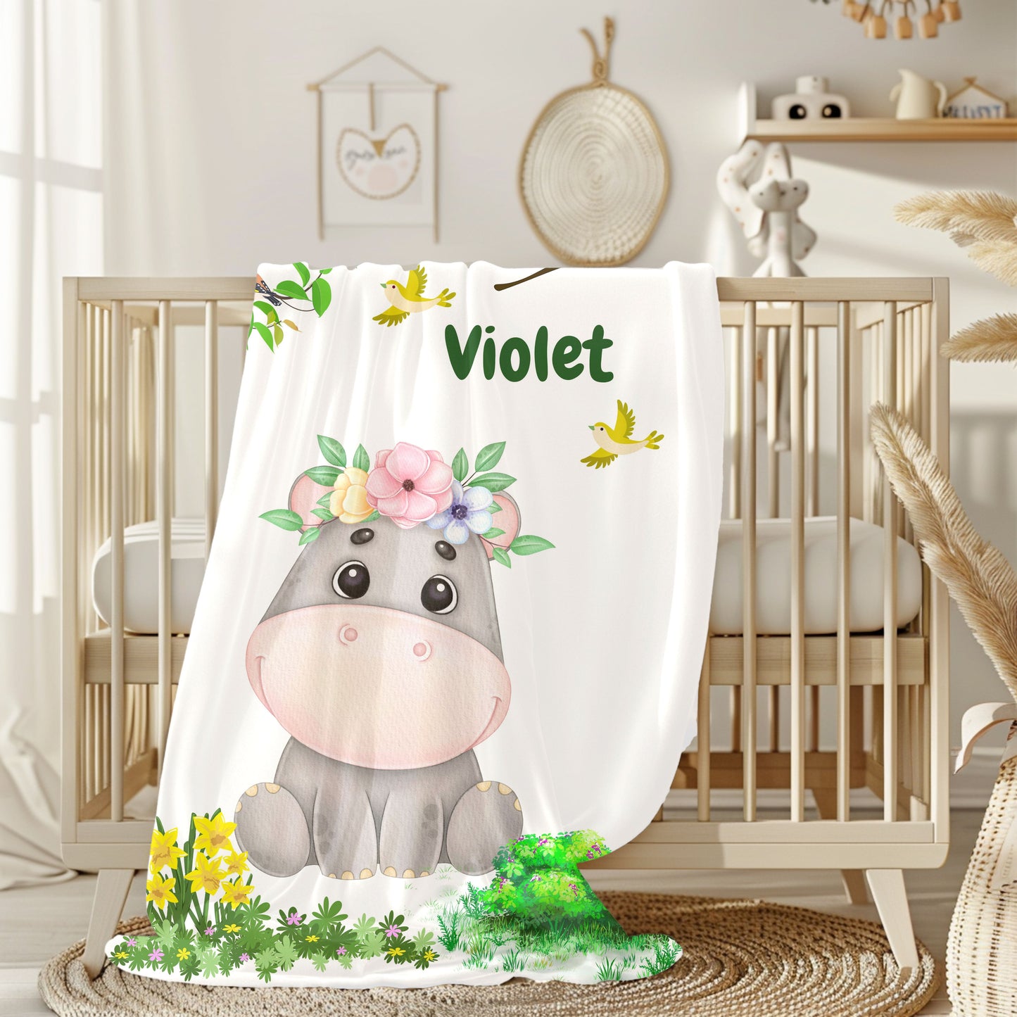 Cozy Velveteen Plush Blanket with Adorable Floral Hippo Design – Perfect for Baby Showers, Gifts, Home Decor, Nursery, Child's Room