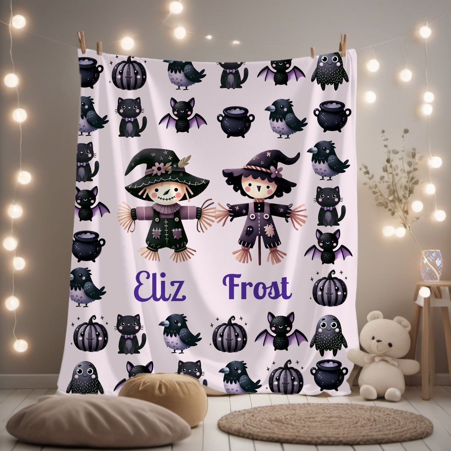Personalized Halloween Velveteen Plush Blanket | Cozy Fall Decor, Unique Gift, Witch, Cat, Spooky Design, Kids' Bedroom, Halloween