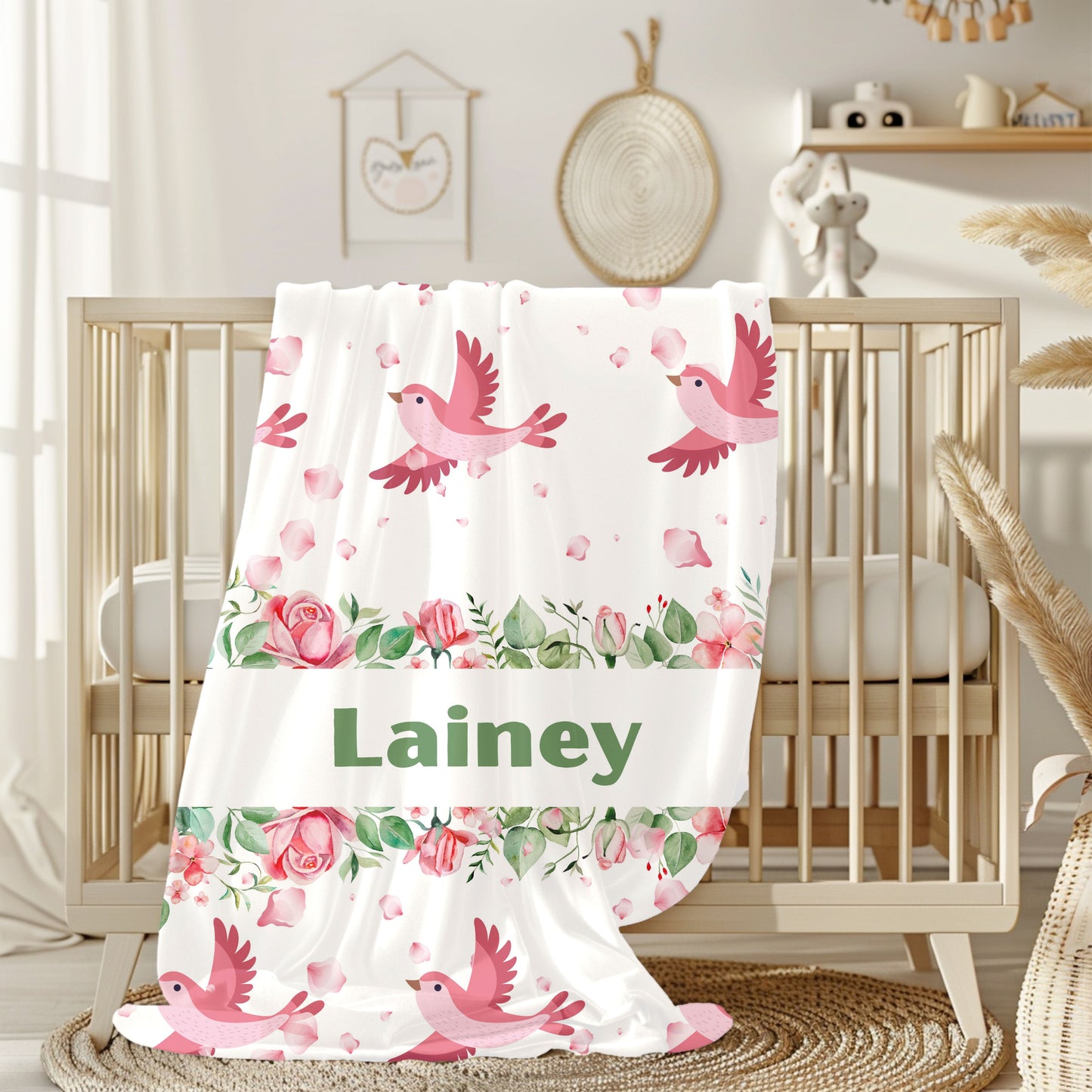 Personalized Floral Bird Plush Blanket, Cozy Blanket, Gift for Her, Nursery Decor, Baby Shower, Kids Room, Warm Throw