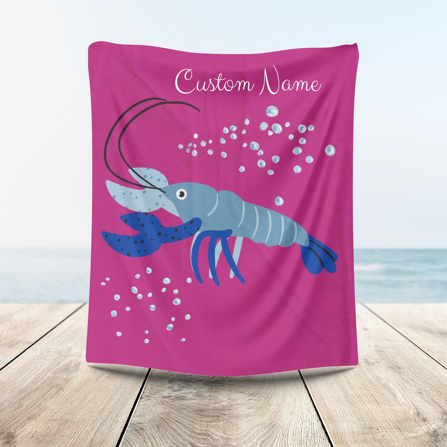 Blue shrimp with dark blue claws and bubbles Velveteen Plush Blanket
