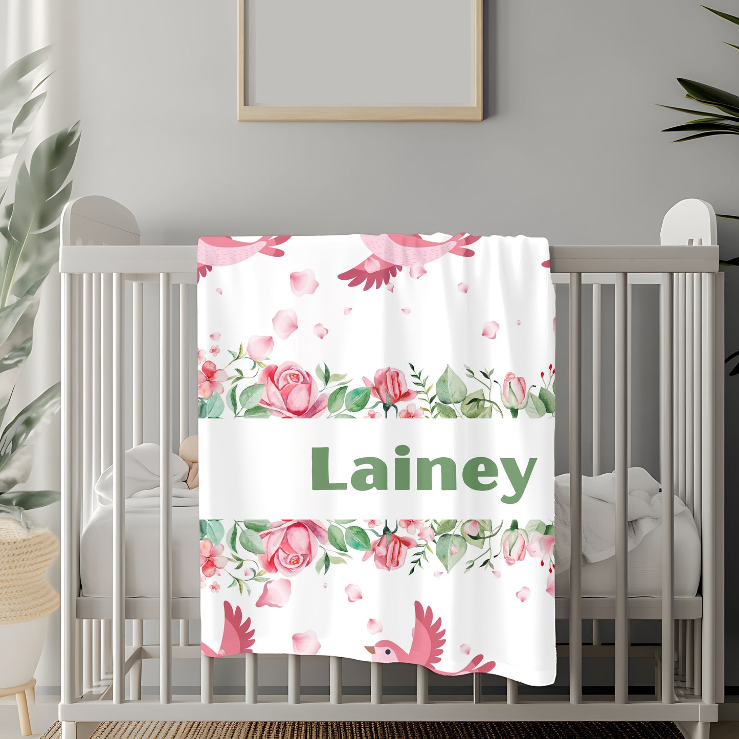 Personalized Floral Bird Plush Blanket, Cozy Blanket, Gift for Her, Nursery Decor, Baby Shower, Kids Room, Warm Throw