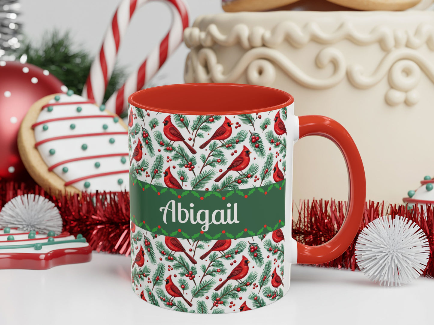 Personalized Holiday Coffee Mug, Festive Cardinal Mug, Custom Name Mug, Christmas Gift, Winter Decor, Drinkware