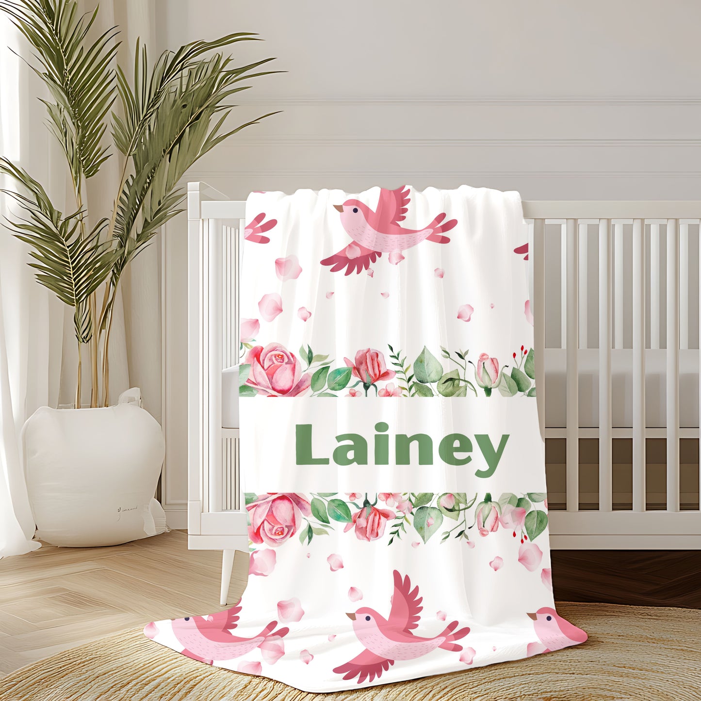 Personalized Floral Bird Plush Blanket, Cozy Blanket, Gift for Her, Nursery Decor, Baby Shower, Kids Room, Warm Throw
