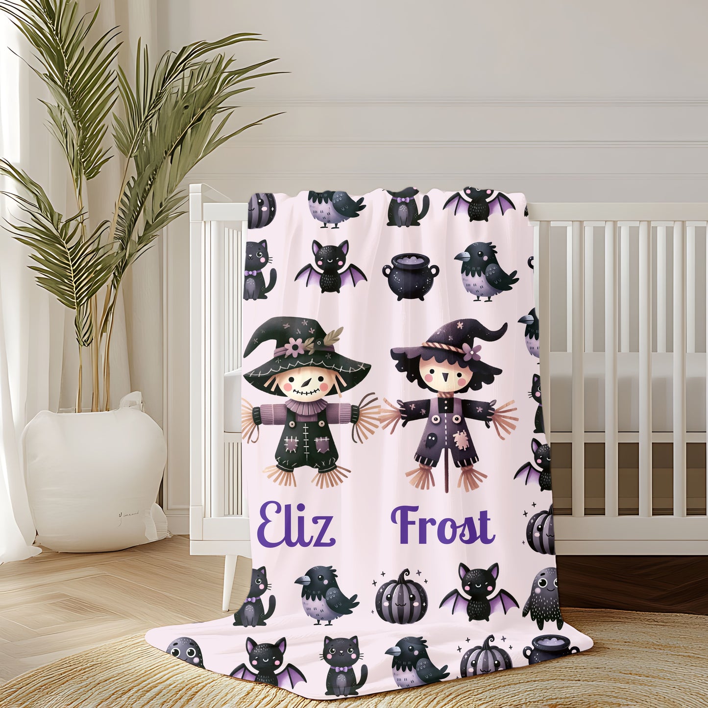 Personalized Halloween Velveteen Plush Blanket | Cozy Fall Decor, Unique Gift, Witch, Cat, Spooky Design, Kids' Bedroom, Halloween