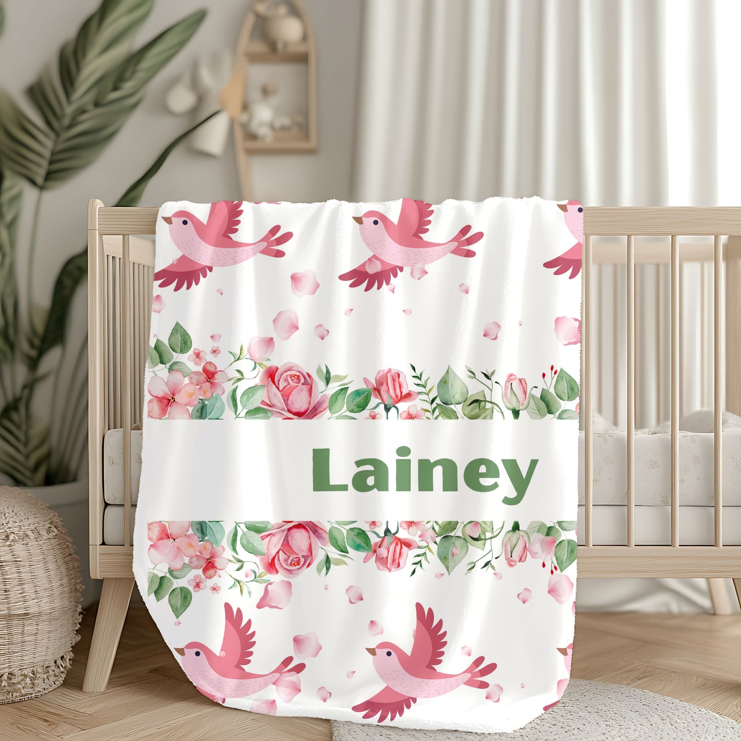 Personalized Floral Bird Plush Blanket, Cozy Blanket, Gift for Her, Nursery Decor, Baby Shower, Kids Room, Warm Throw