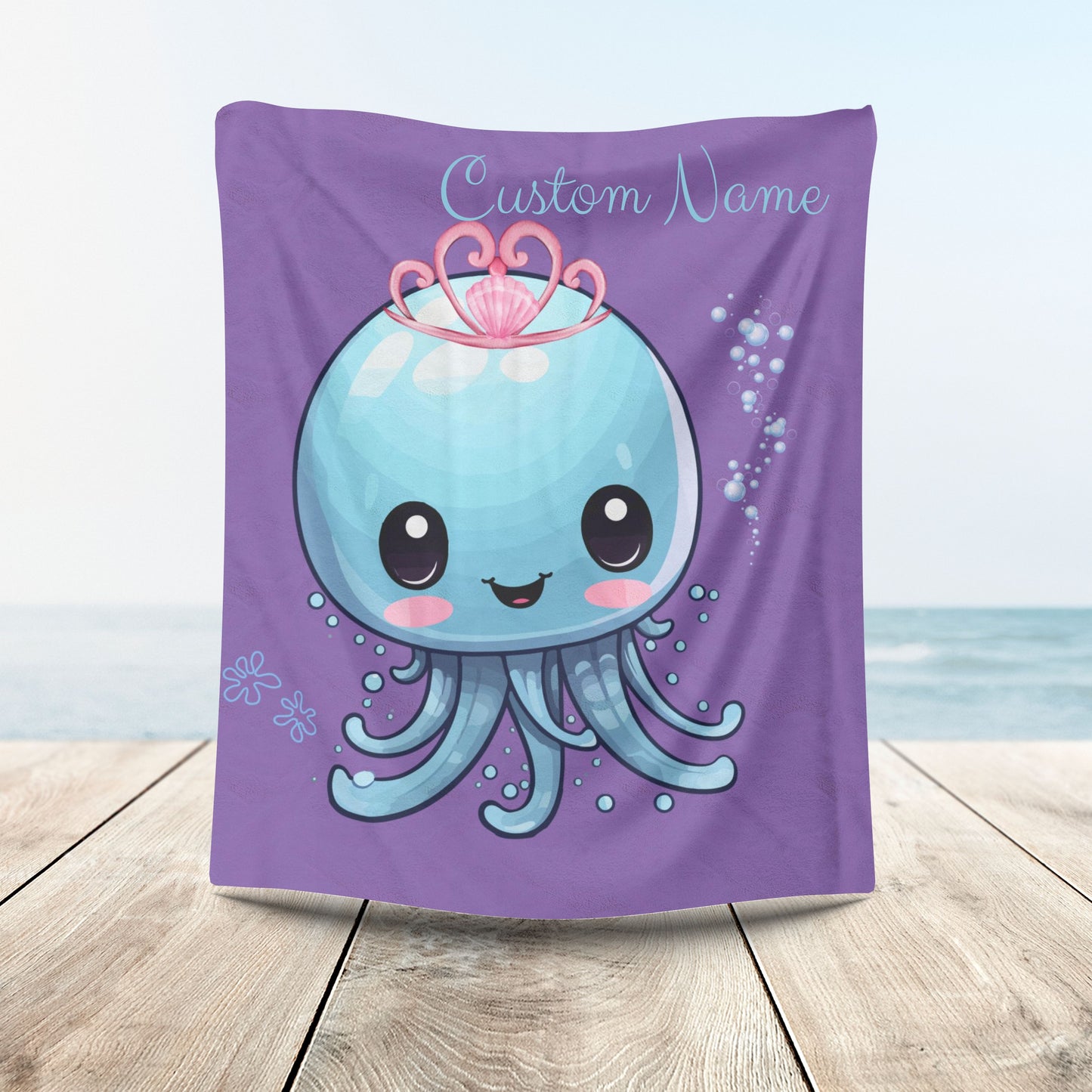 Blue jellyfish with a pink tiara Velveteen Plush Blanket