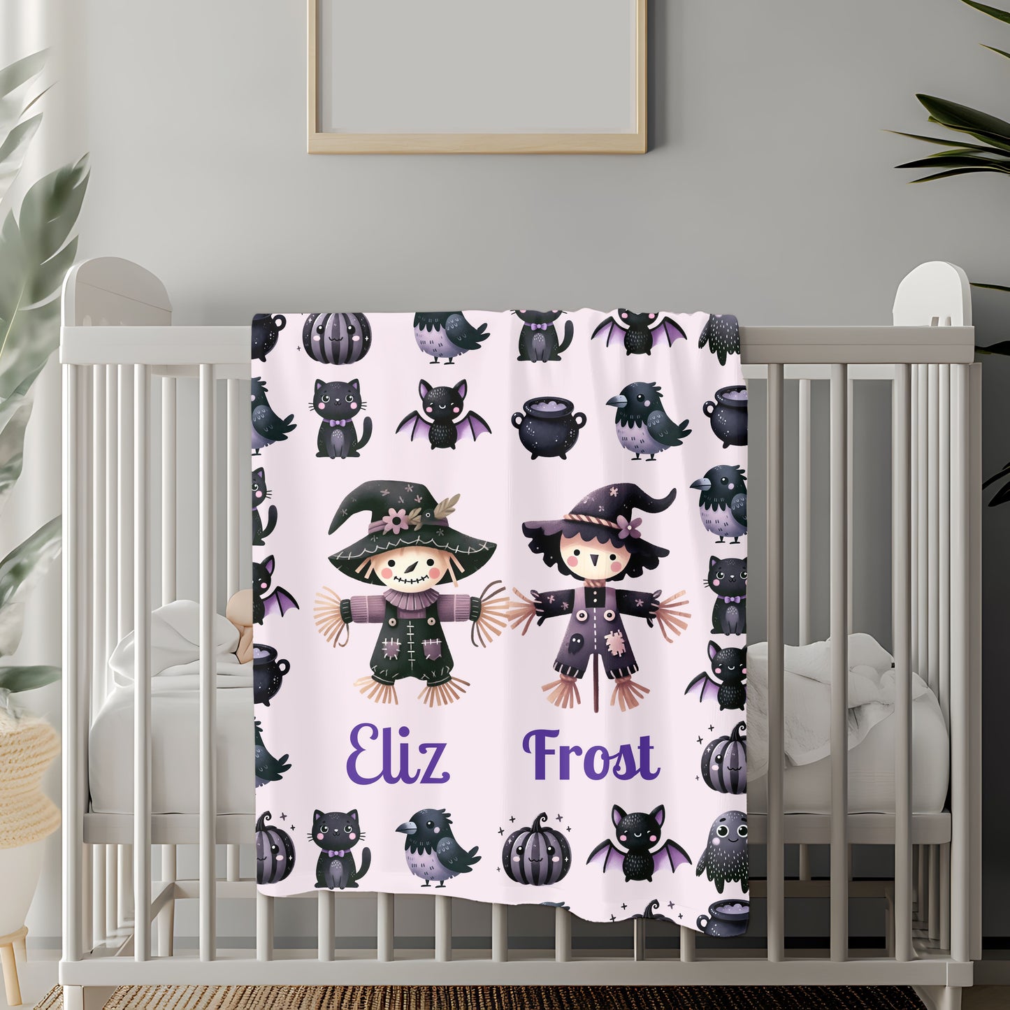 Personalized Halloween Velveteen Plush Blanket | Cozy Fall Decor, Unique Gift, Witch, Cat, Spooky Design, Kids' Bedroom, Halloween