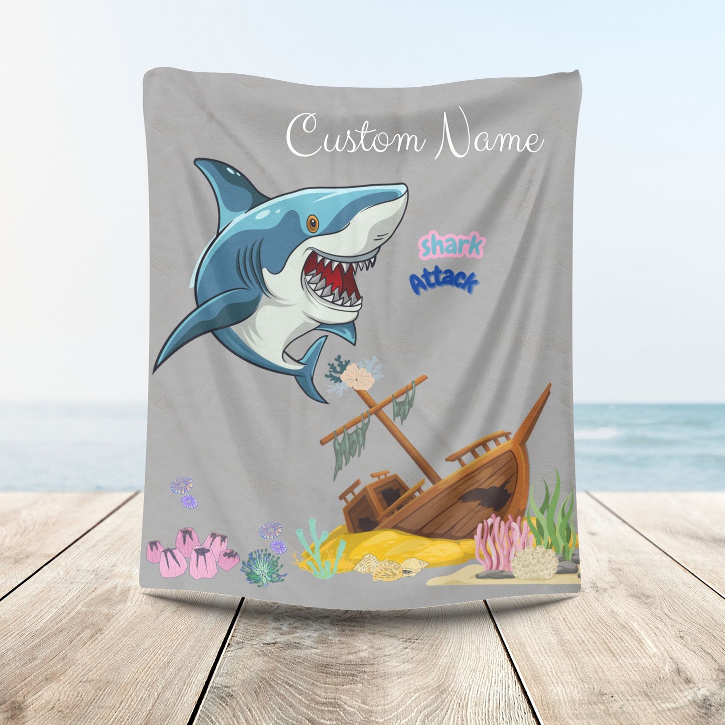 Shark ship colorful coral reef Velveteen Plush Blanket