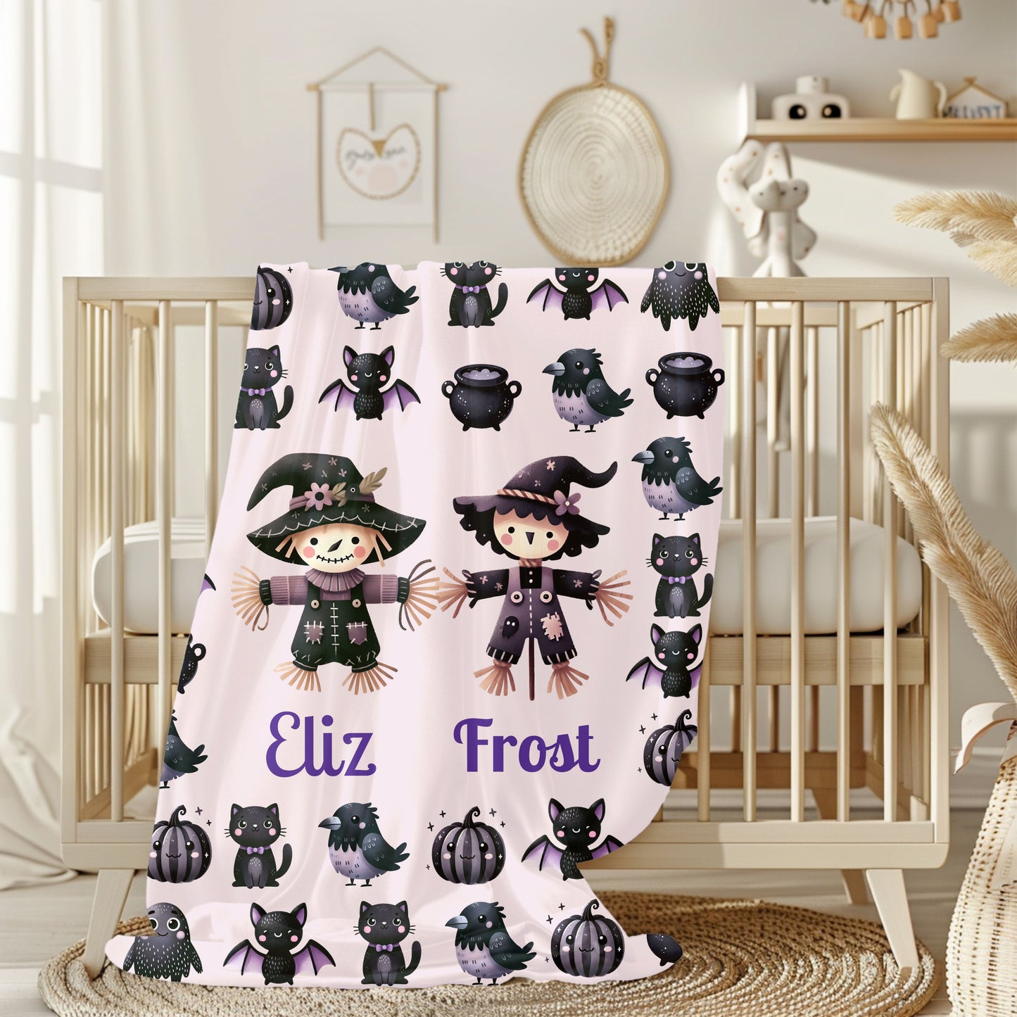 Personalized Halloween Velveteen Plush Blanket | Cozy Fall Decor, Unique Gift, Witch, Cat, Spooky Design, Kids' Bedroom, Halloween