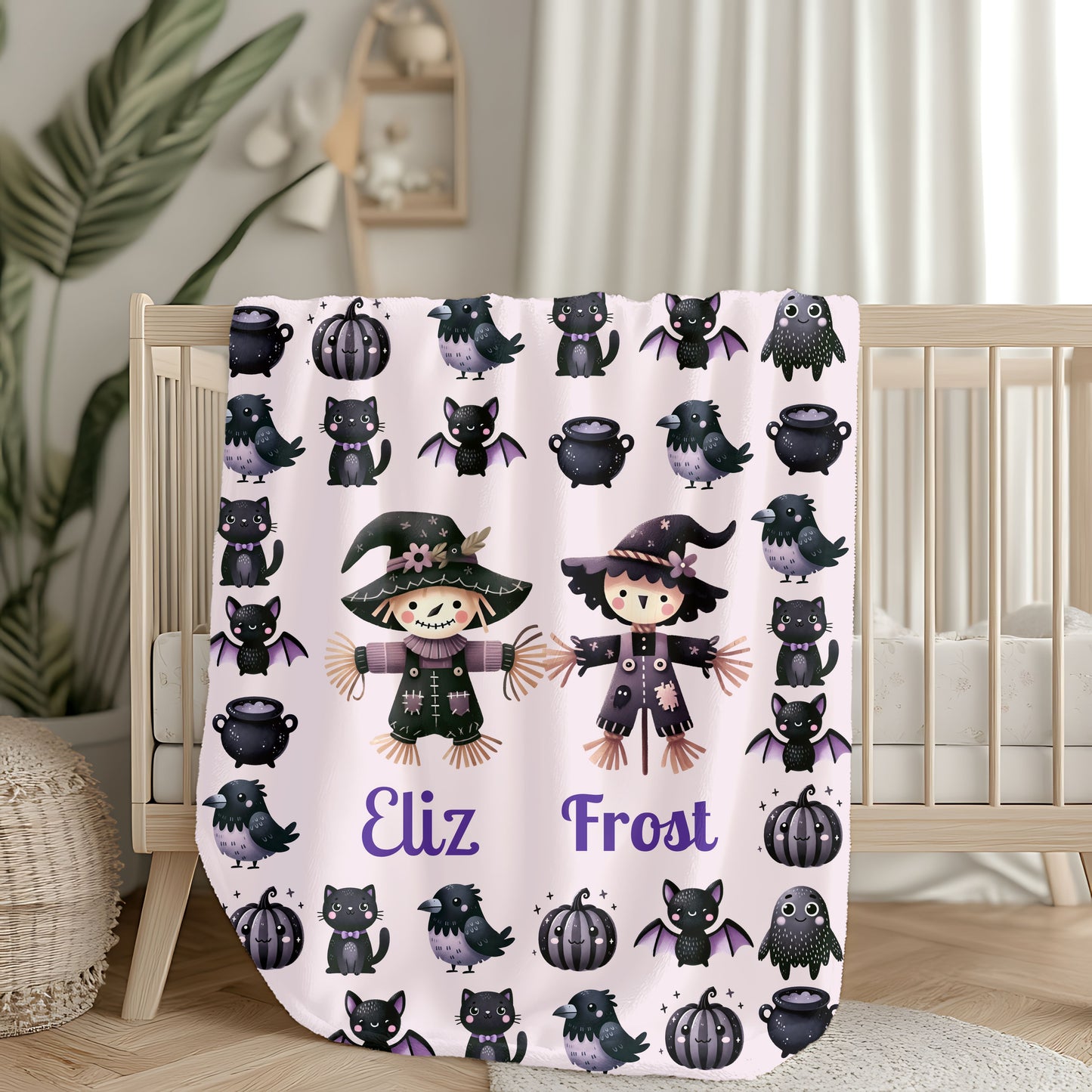 Personalized Halloween Velveteen Plush Blanket | Cozy Fall Decor, Unique Gift, Witch, Cat, Spooky Design, Kids' Bedroom, Halloween