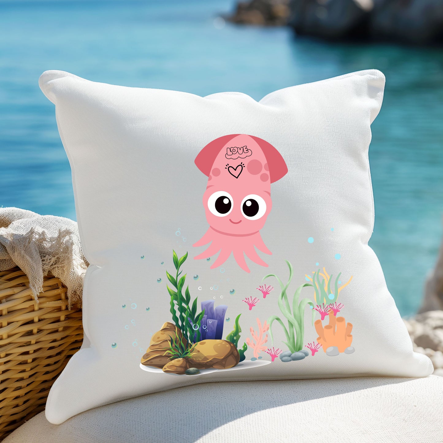 Pink squid cartoon with love Spun Polyester Square Pillow