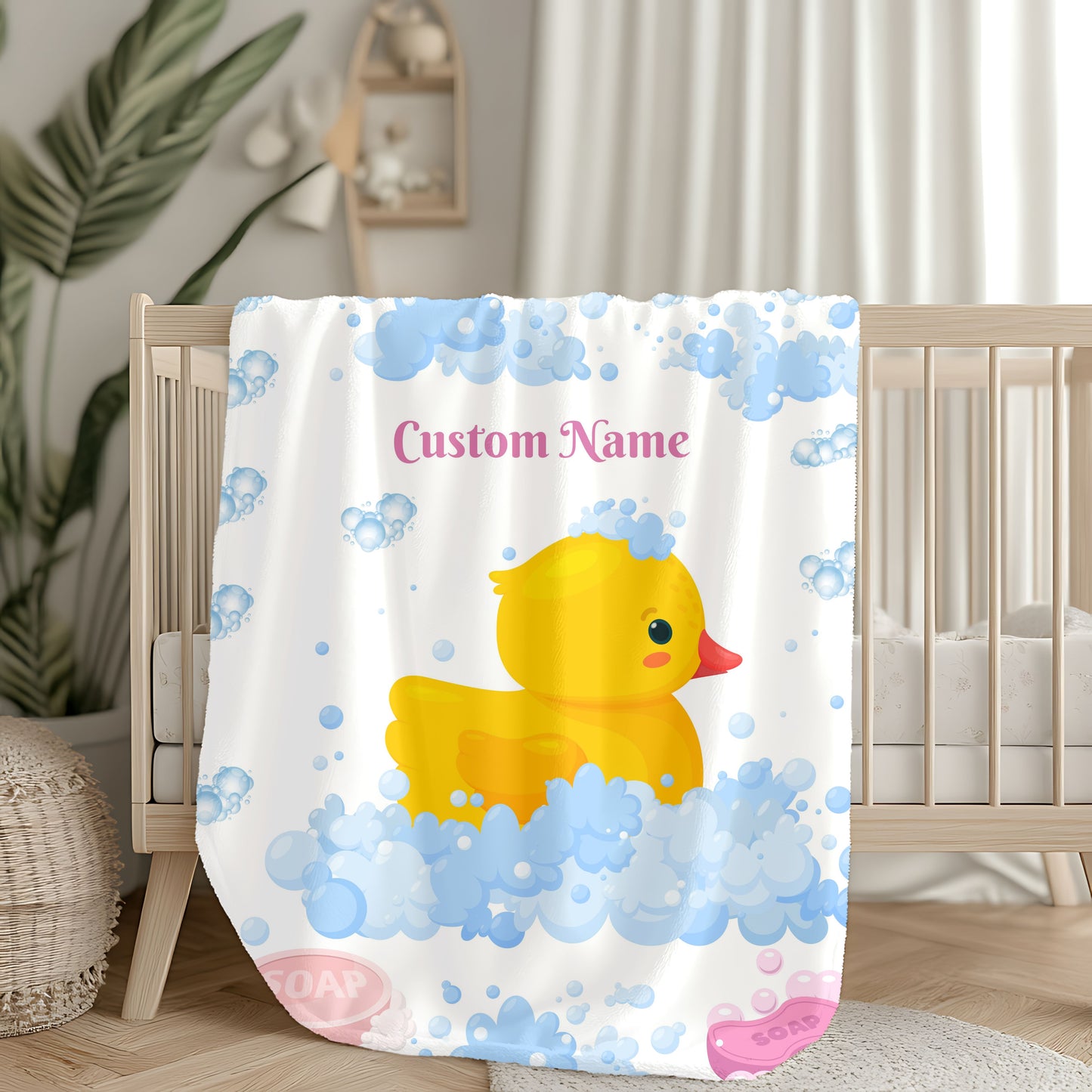 Custom Duck Bath Time Velveteen Plush Blanket, Baby Shower Gift, Nursery Decor, Personalized Blanket, Soft Throw Blanket