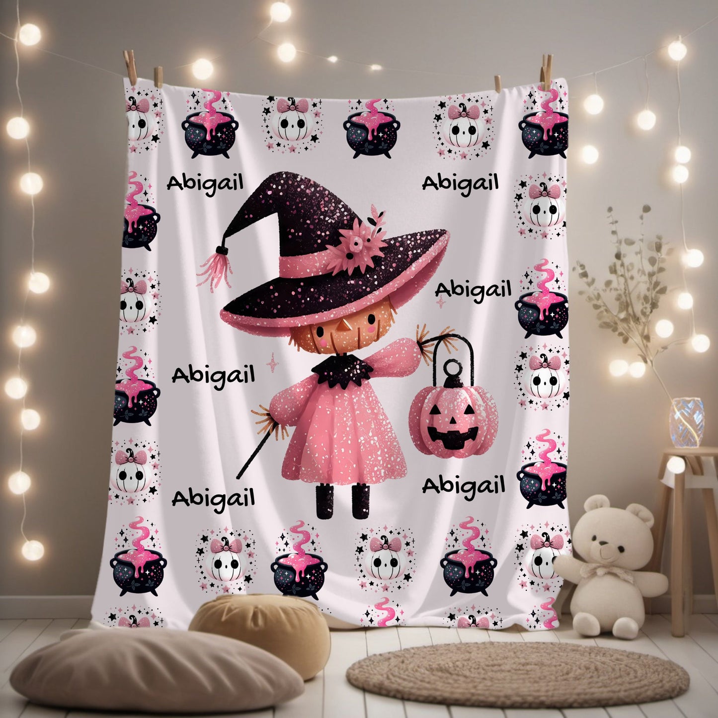 Personalized Halloween Velveteen Plush Blanket, Soft Cozy Throw, Perfect for Kids, Witch Design, Fall Decor, Gift Idea
