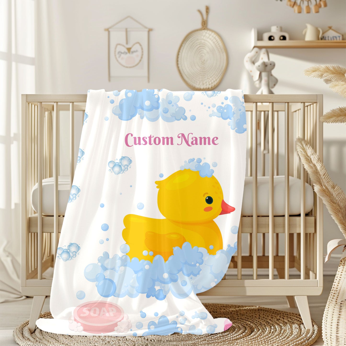 Custom Duck Bath Time Velveteen Plush Blanket, Baby Shower Gift, Nursery Decor, Personalized Blanket, Soft Throw Blanket