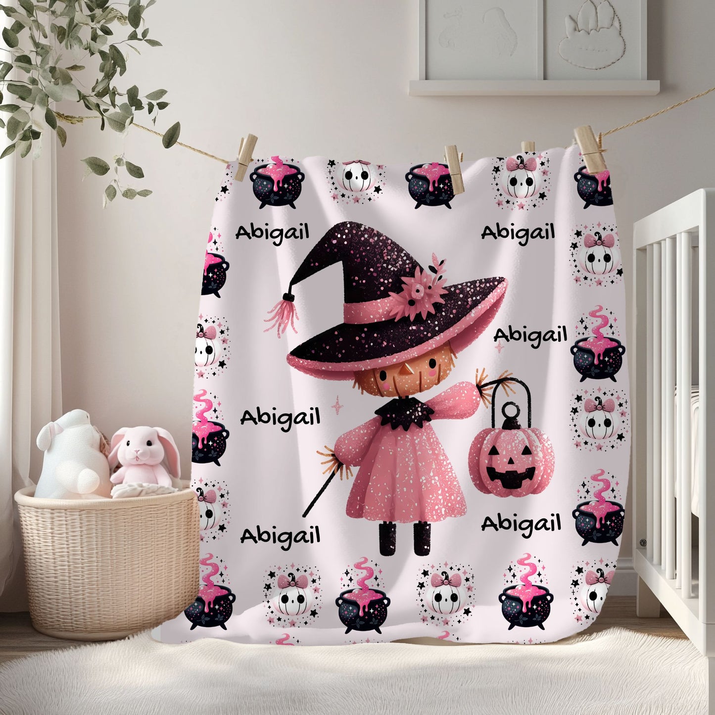 Personalized Halloween Velveteen Plush Blanket, Soft Cozy Throw, Perfect for Kids, Witch Design, Fall Decor, Gift Idea