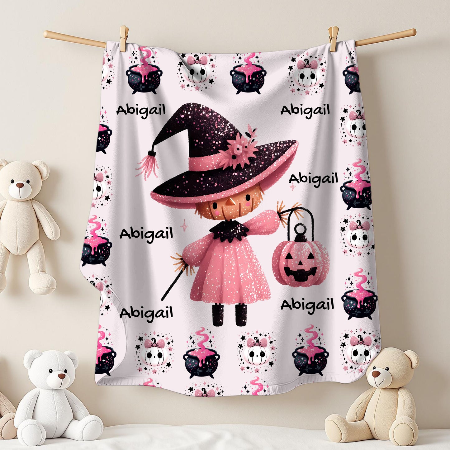 Personalized Halloween Velveteen Plush Blanket, Soft Cozy Throw, Perfect for Kids, Witch Design, Fall Decor, Gift Idea