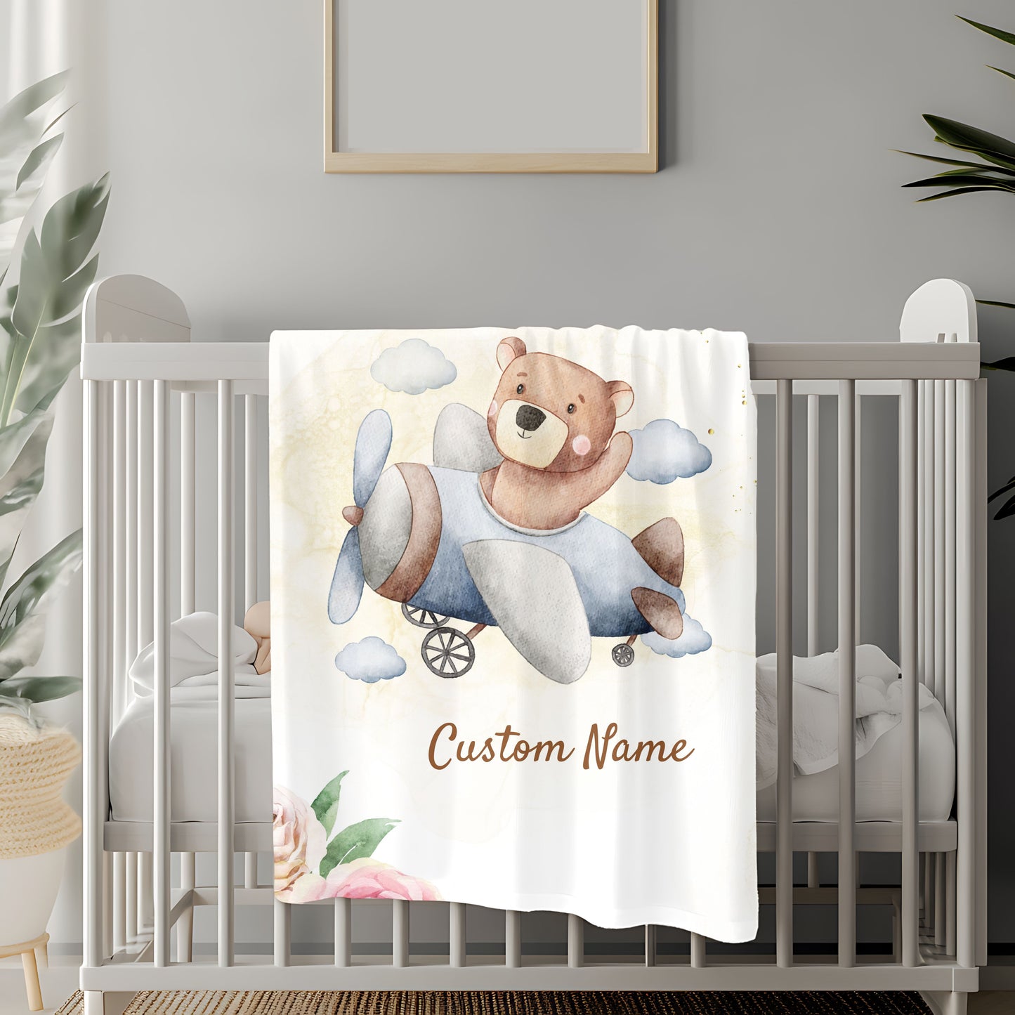 Personalized Velveteen Plush Blanket with Custom Name, Kids Blanket, Nursery Decor, Baby Shower Gift, Floral Bear Design