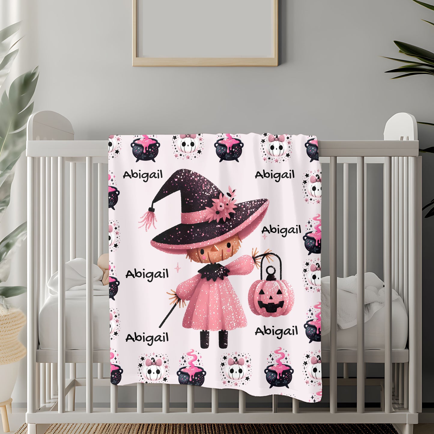Personalized Halloween Velveteen Plush Blanket, Soft Cozy Throw, Perfect for Kids, Witch Design, Fall Decor, Gift Idea