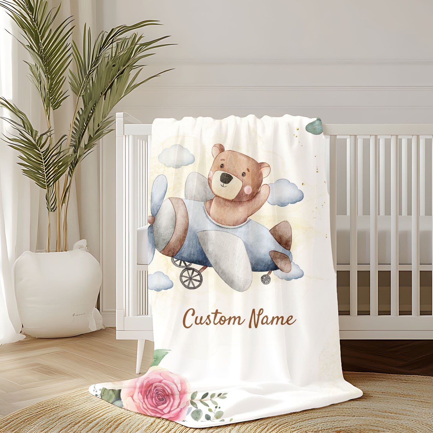 Personalized Velveteen Plush Blanket with Custom Name, Kids Blanket, Nursery Decor, Baby Shower Gift, Floral Bear Design