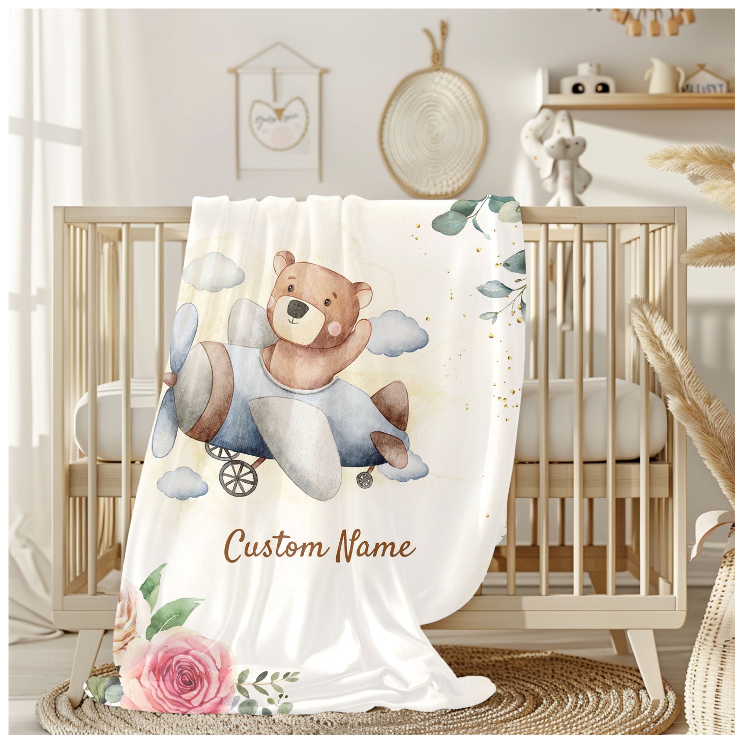 Personalized Velveteen Plush Blanket with Custom Name, Kids Blanket, Nursery Decor, Baby Shower Gift, Floral Bear Design