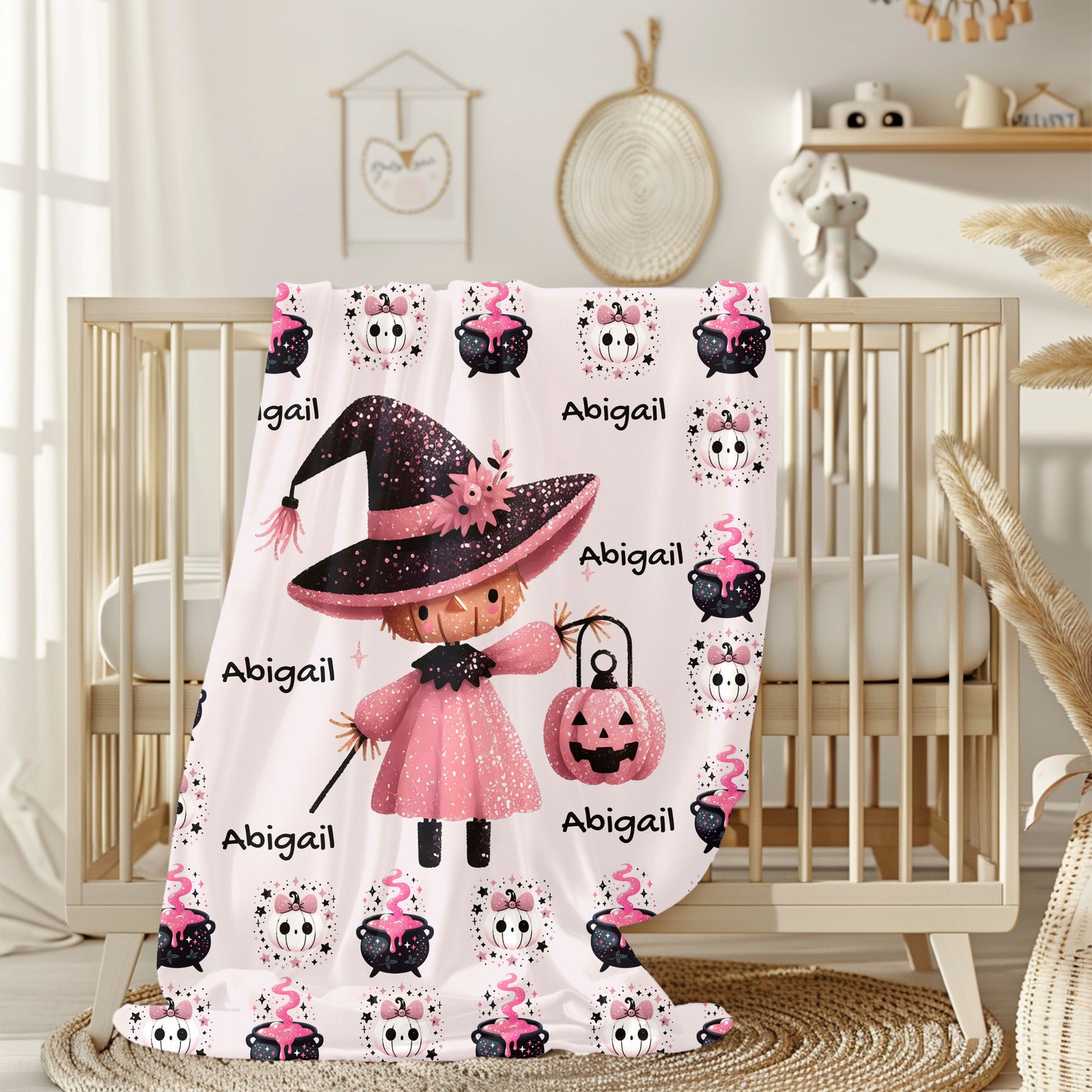 Personalized Halloween Velveteen Plush Blanket, Soft Cozy Throw, Perfect for Kids, Witch Design, Fall Decor, Gift Idea