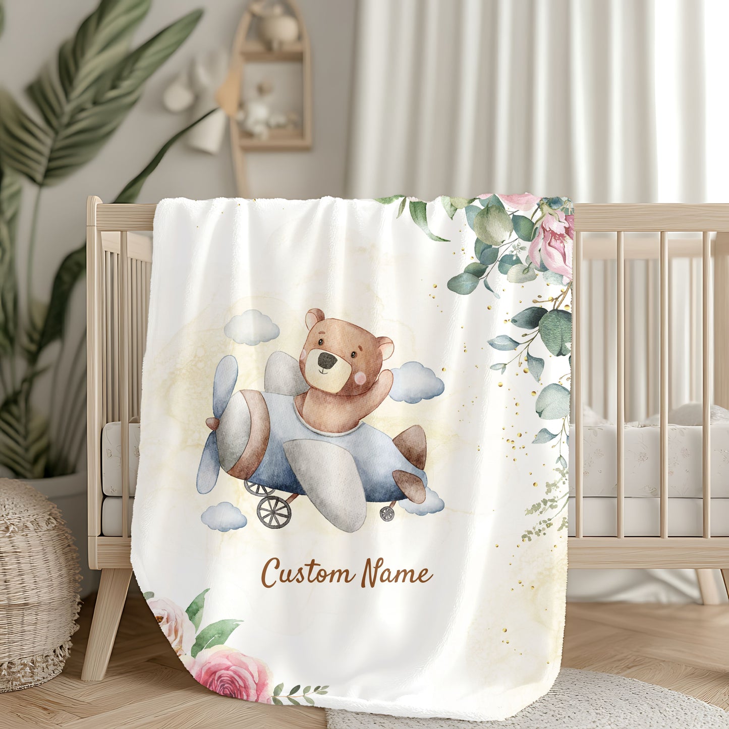Personalized Velveteen Plush Blanket with Custom Name, Kids Blanket, Nursery Decor, Baby Shower Gift, Floral Bear Design