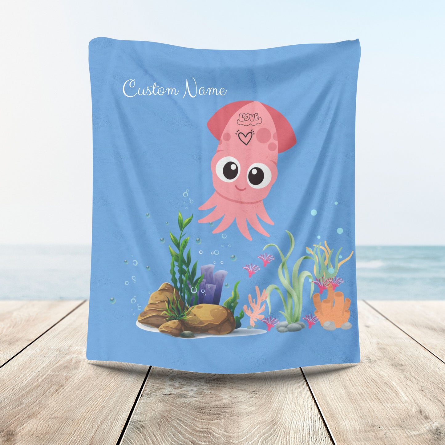 Pink squid cartoon with love Velveteen Plush Blanket