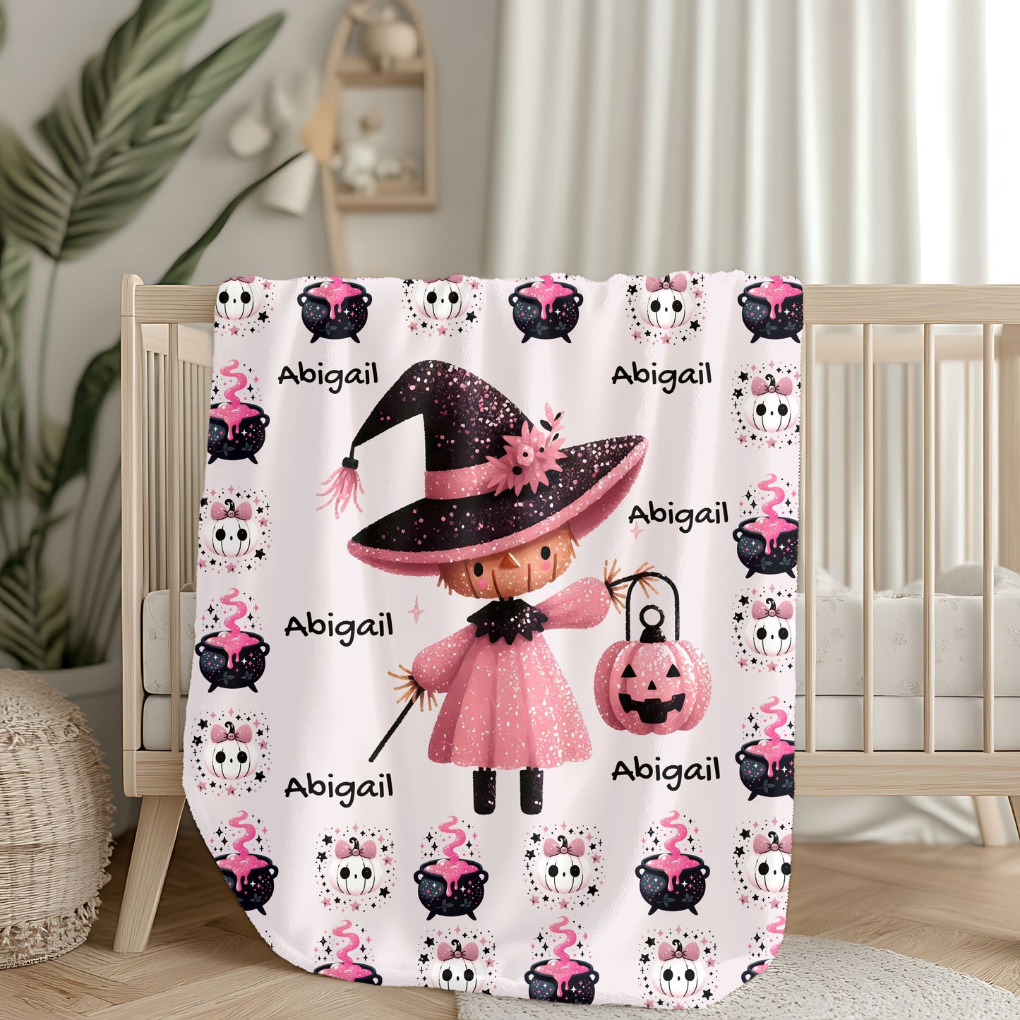 Personalized Halloween Velveteen Plush Blanket, Soft Cozy Throw, Perfect for Kids, Witch Design, Fall Decor, Gift Idea
