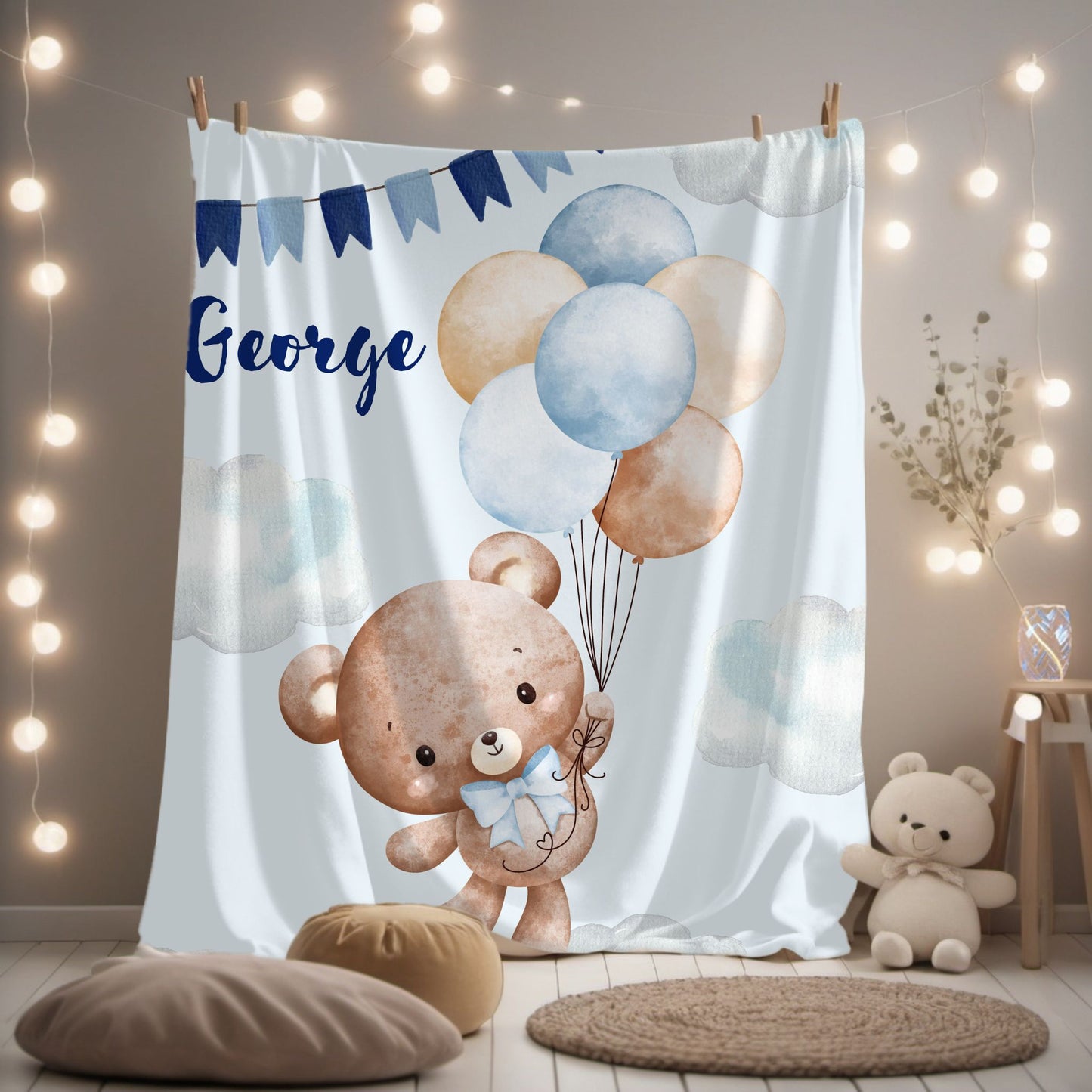 Personalized Velveteen Plush Blanket with Teddy Bear Design, Cozy Baby Gift, Nursery Decor, Baby Shower Blanket, Soft Baby Blanket