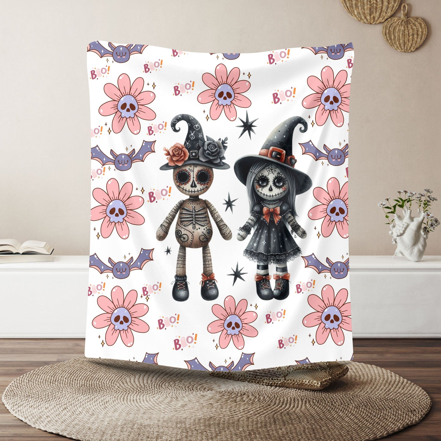 Spooky Floral Velveteen Blanket, Halloween Décor, Cozy Throw, Kids Room Blanket, Soft Throw Blanket, Perfect for Fall