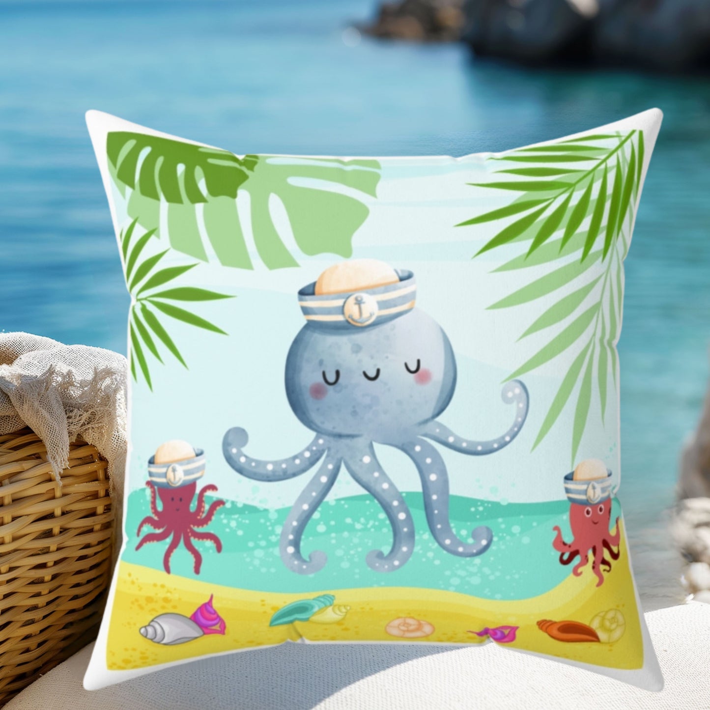 Octopus on a beach scene with tropical Spun Polyester Square Pillow