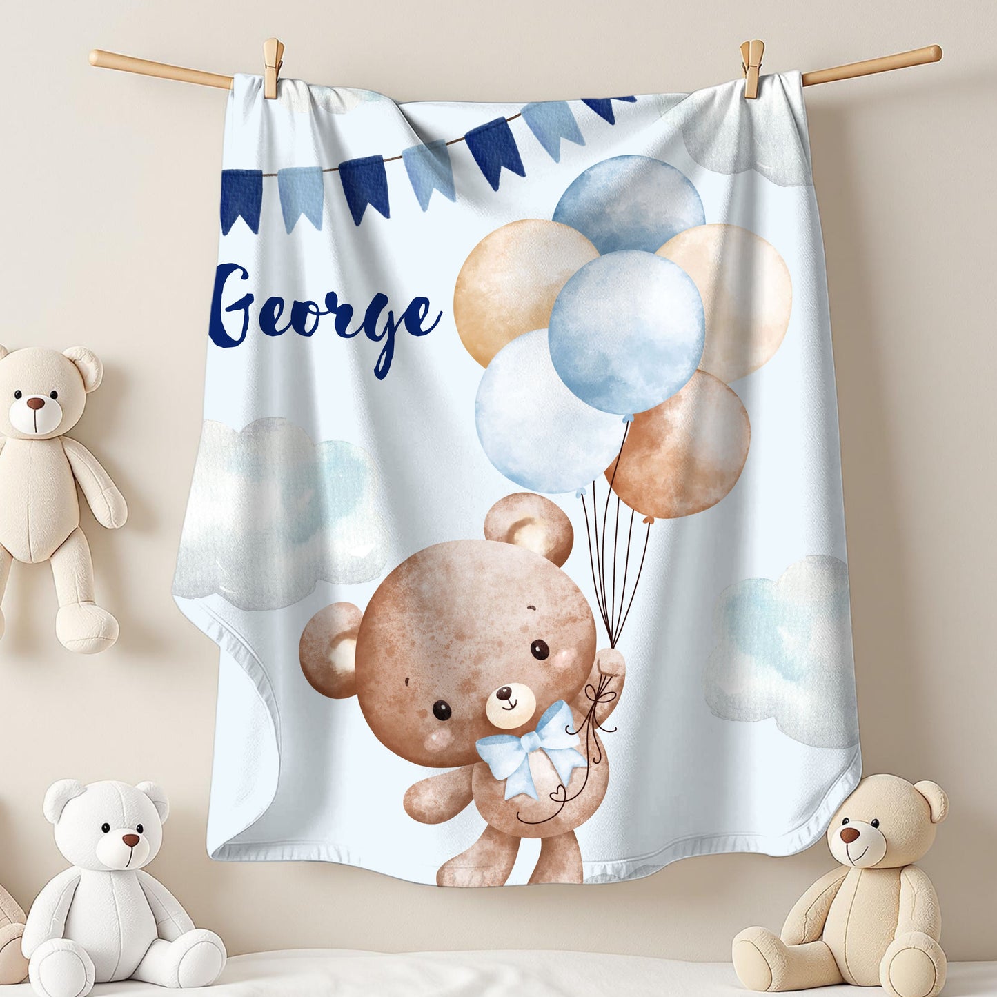 Personalized Velveteen Plush Blanket with Teddy Bear Design, Cozy Baby Gift, Nursery Decor, Baby Shower Blanket, Soft Baby Blanket