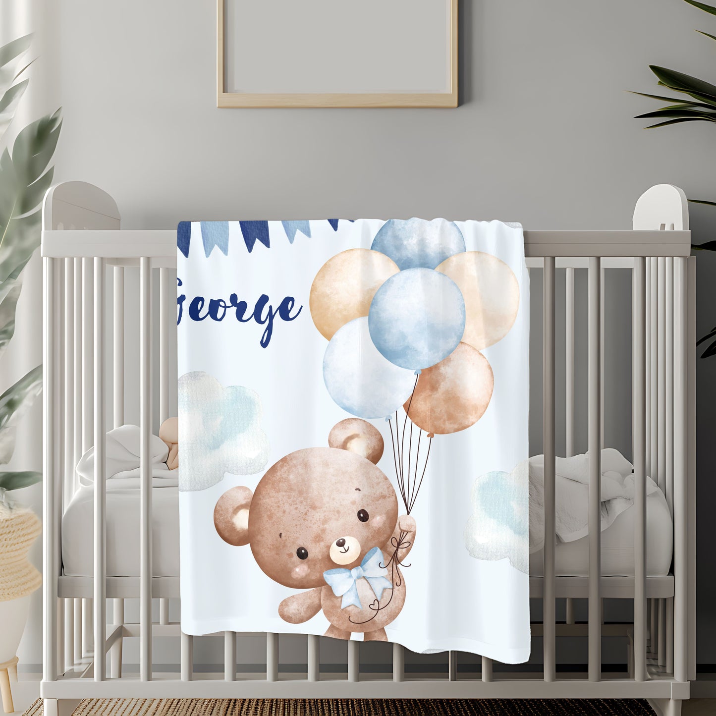 Personalized Velveteen Plush Blanket with Teddy Bear Design, Cozy Baby Gift, Nursery Decor, Baby Shower Blanket, Soft Baby Blanket